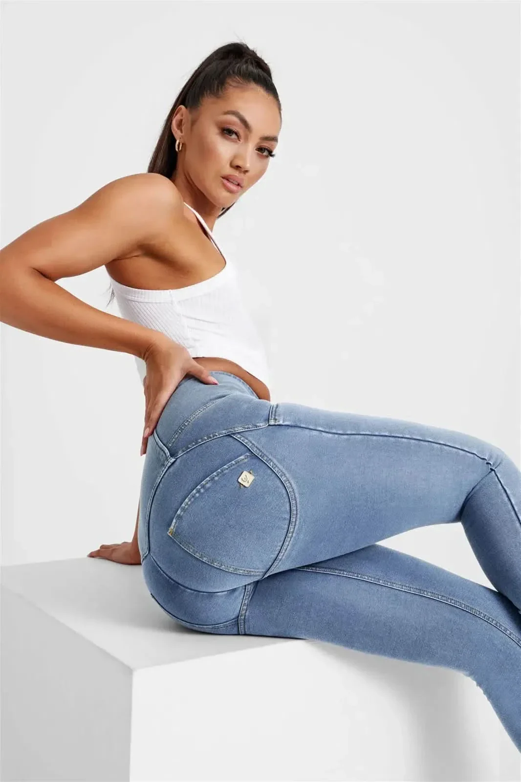 WRUP Denim - 3 Button High Waisted - Full Length - Light Blue + Yellow Stitching - Image 3