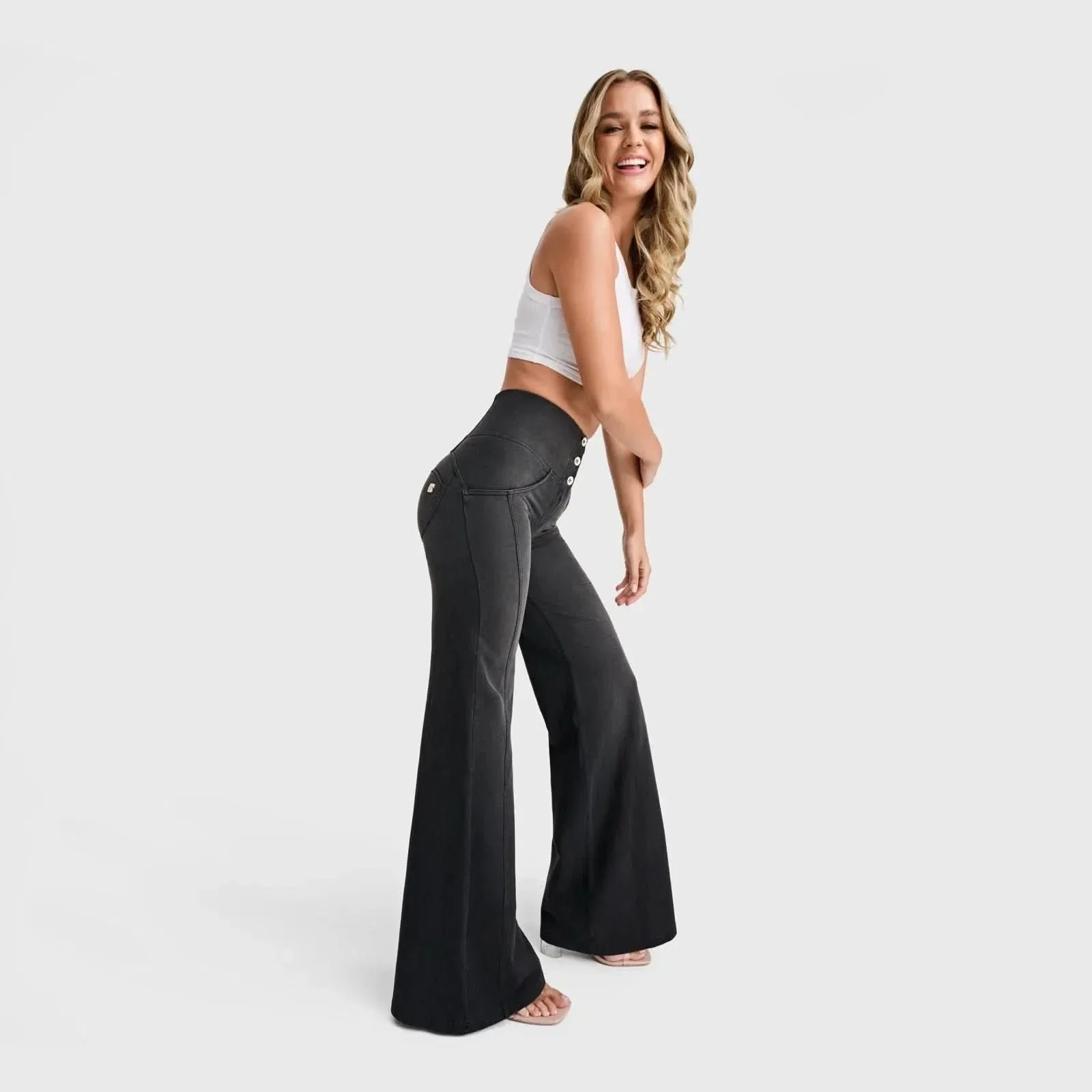 WRUP Denim - 3 Button High Waisted - Palazzo Flare - Black + Black Stitching
