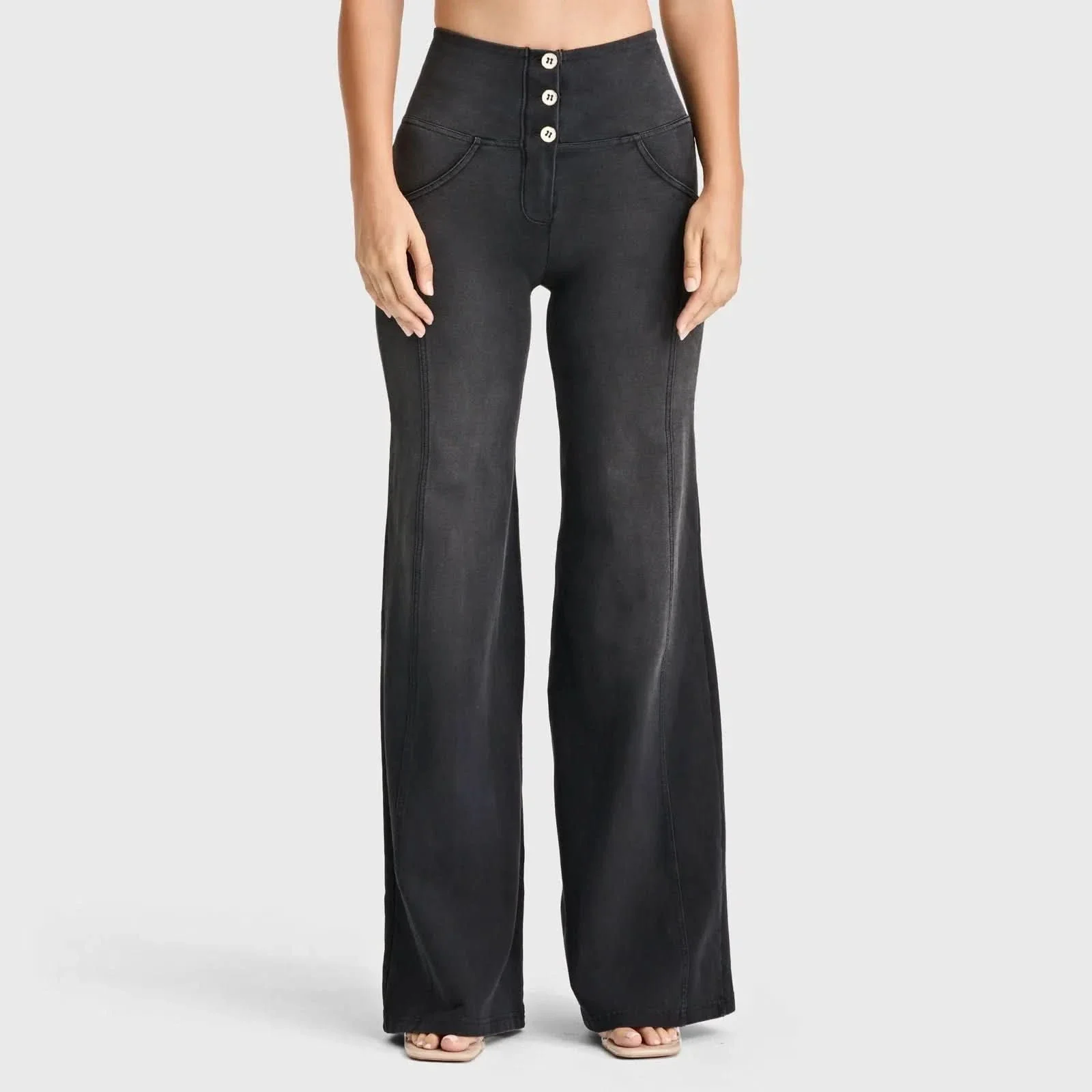 WRUP Denim - 3 Button High Waisted - Palazzo Flare - Black + Black Stitching - Image 10