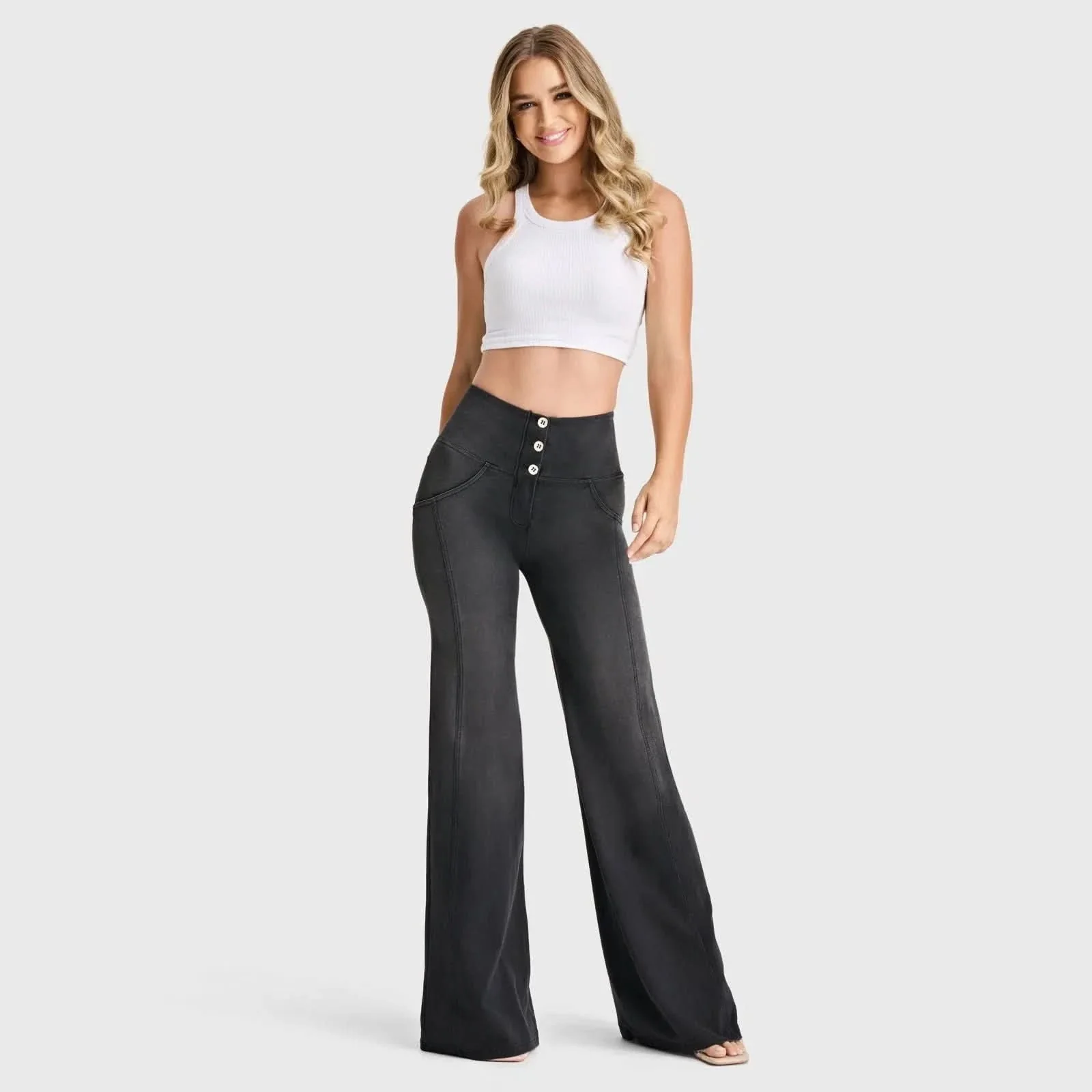 WRUP Denim - 3 Button High Waisted - Palazzo Flare - Black + Black Stitching - Image 4
