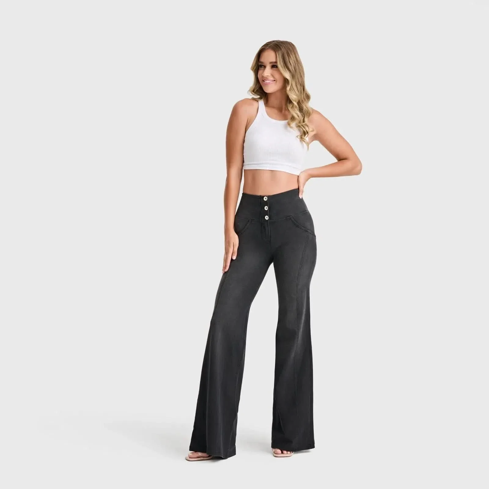 WRUP Denim - 3 Button High Waisted - Palazzo Flare - Black + Black Stitching - Image 5