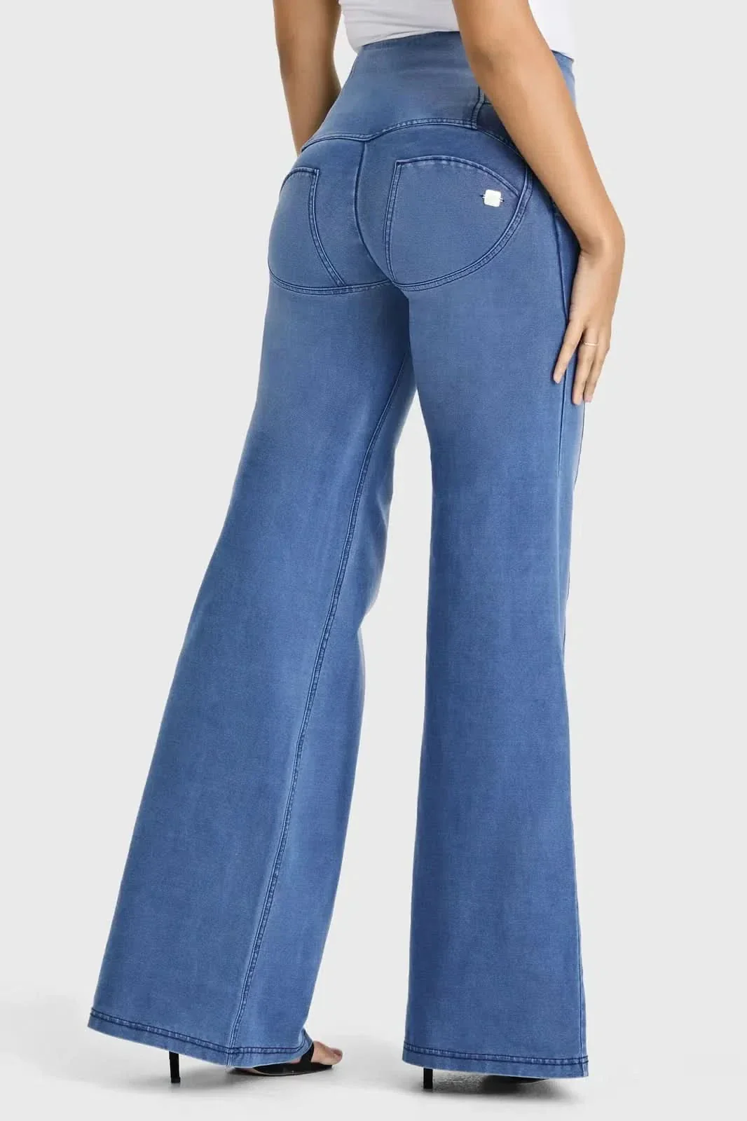 WRUP Denim - 3 Button High Waisted - Palazzo Flare - Light Blue + Blue Stitching - Image 10