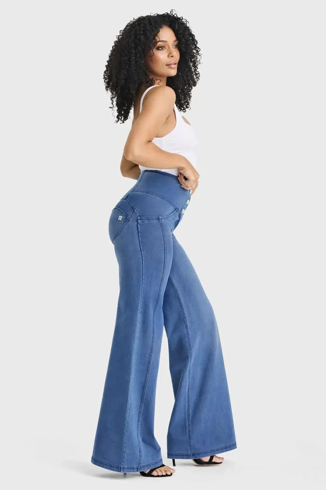 WRUP Denim - 3 Button High Waisted - Palazzo Flare - Light Blue + Blue Stitching - Image 2