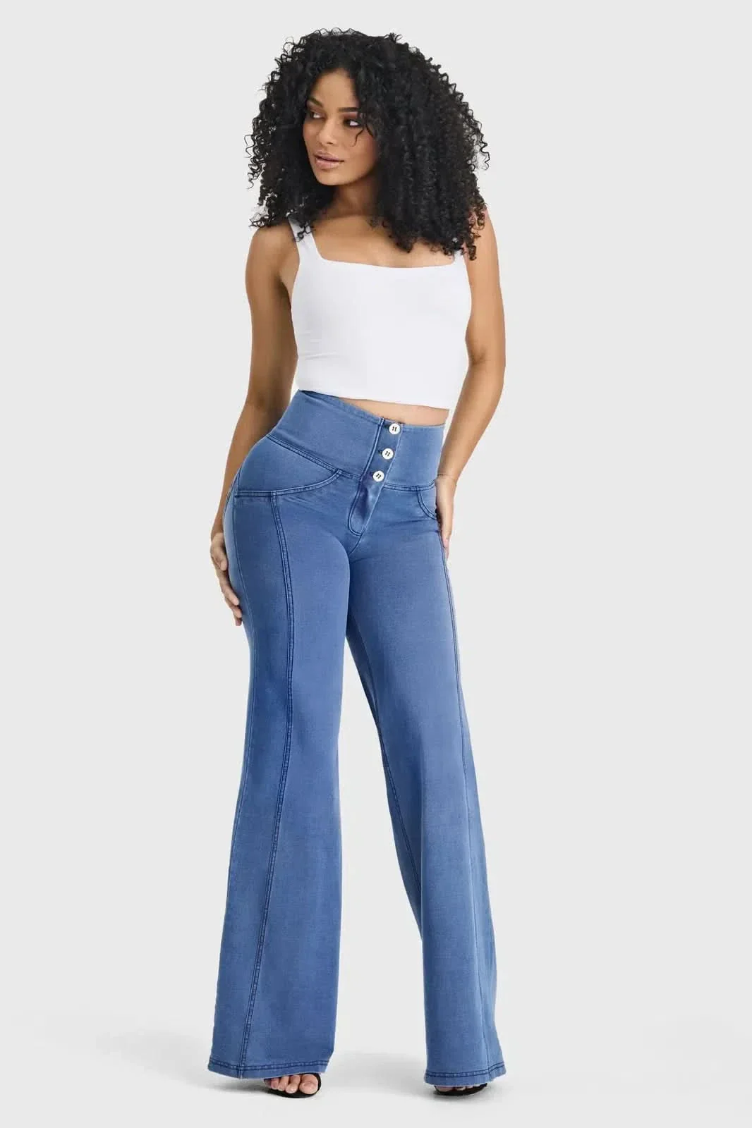 WRUP Denim - 3 Button High Waisted - Palazzo Flare - Light Blue + Blue Stitching - Image 3