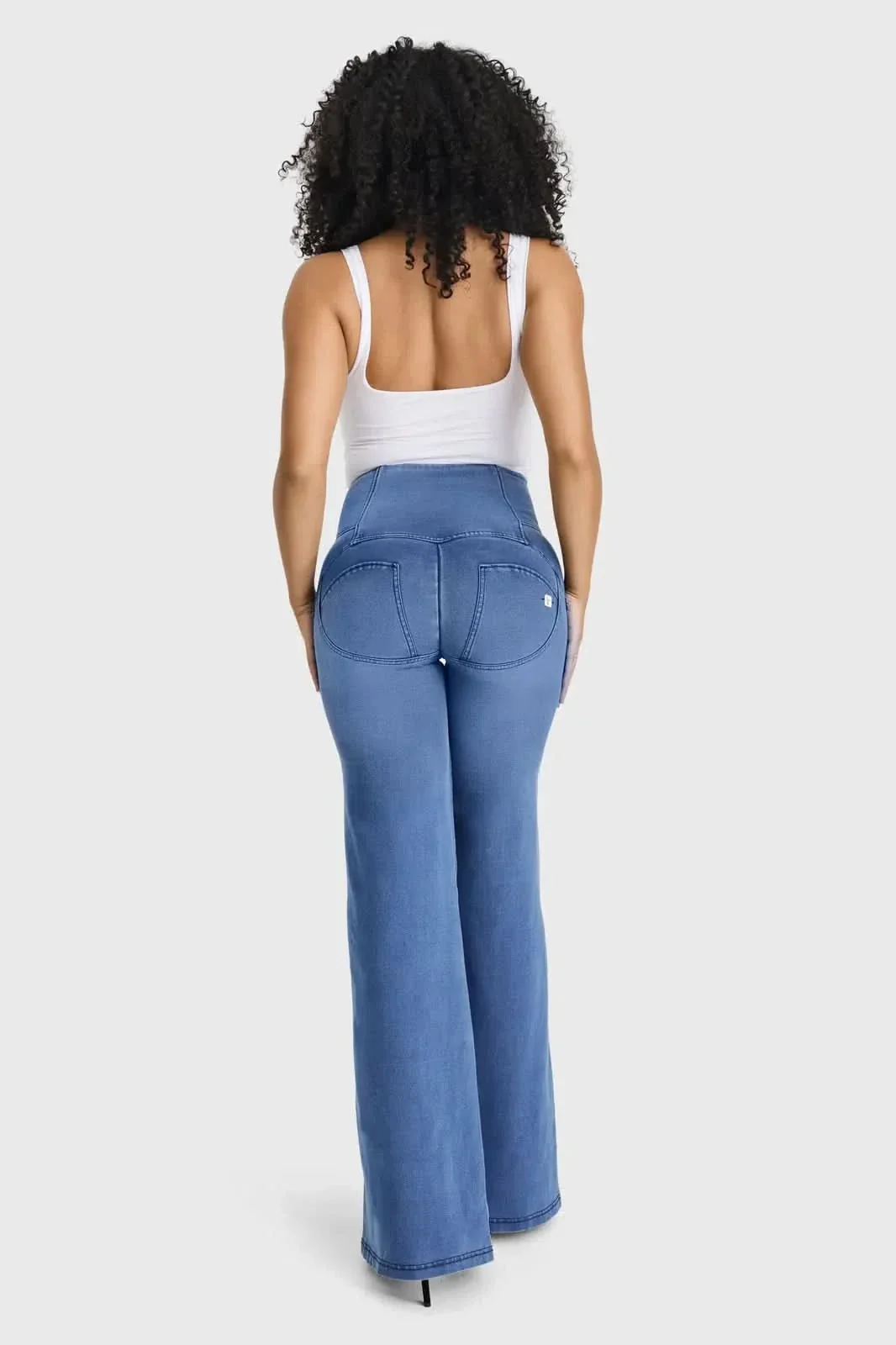 WRUP Denim - 3 Button High Waisted - Palazzo Flare - Light Blue + Blue Stitching - Image 4