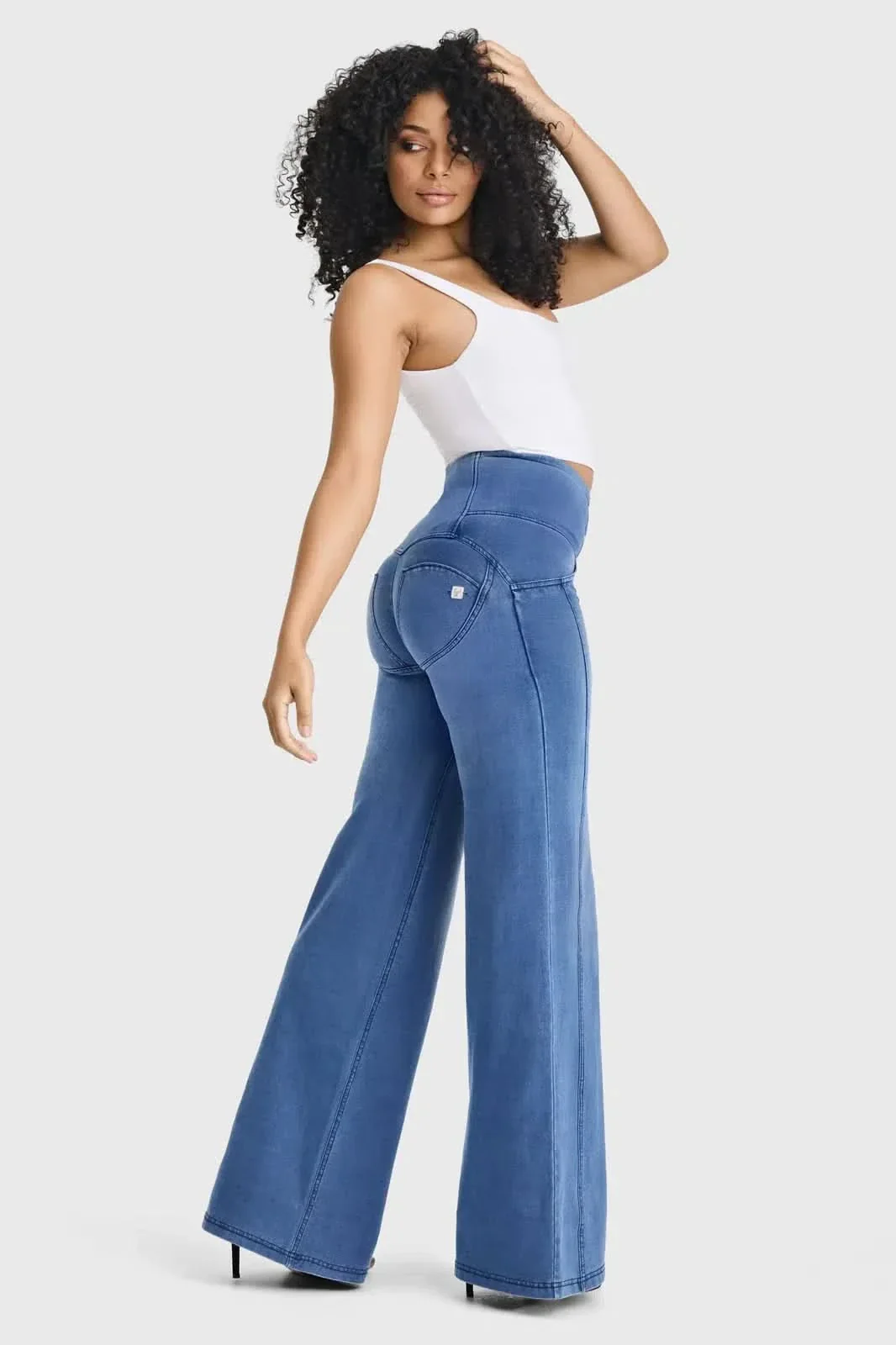 WRUP Denim - 3 Button High Waisted - Palazzo Flare - Light Blue + Blue Stitching - Image 5