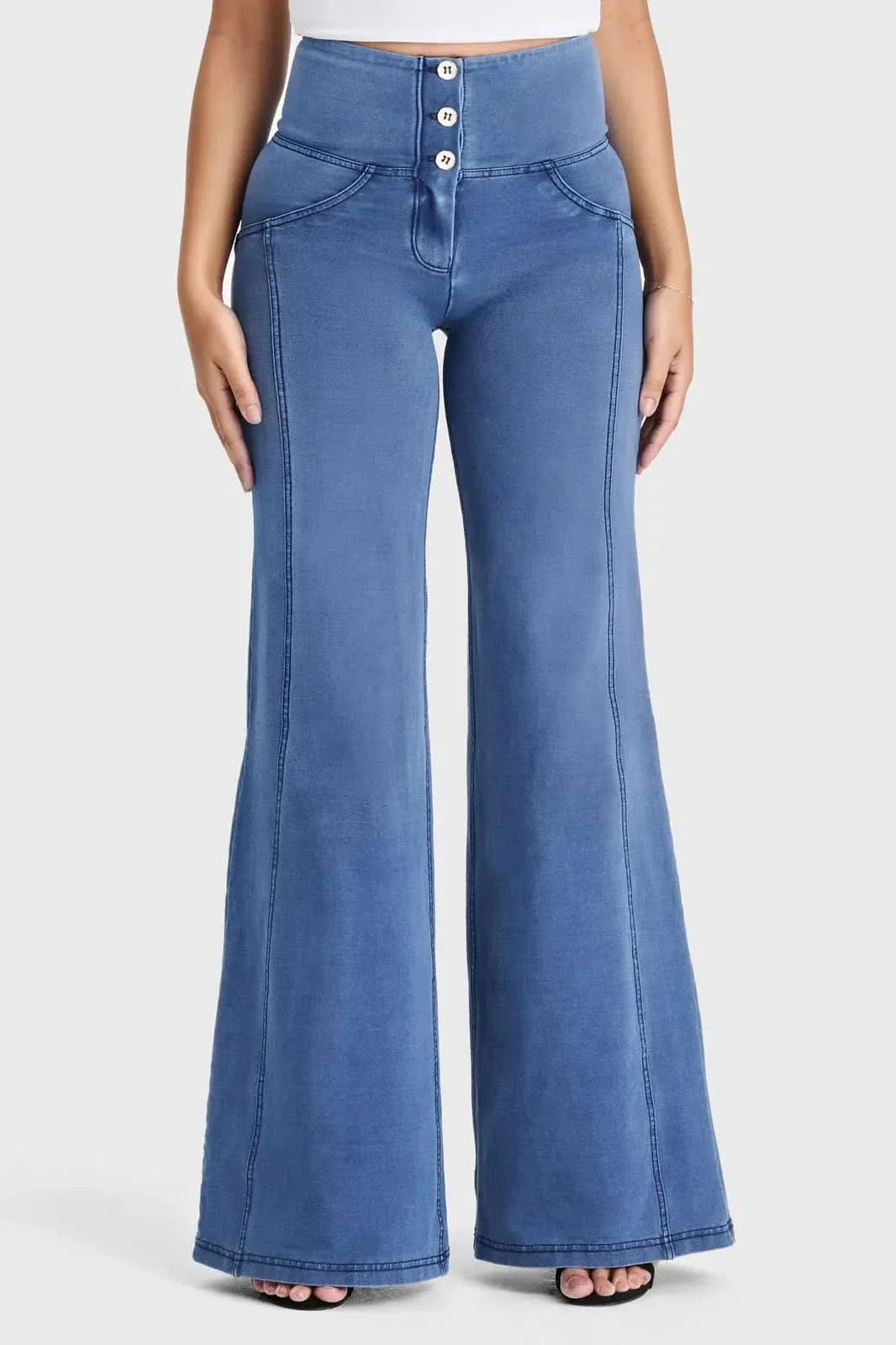 WRUP Denim - 3 Button High Waisted - Palazzo Flare - Light Blue + Blue Stitching - Image 6