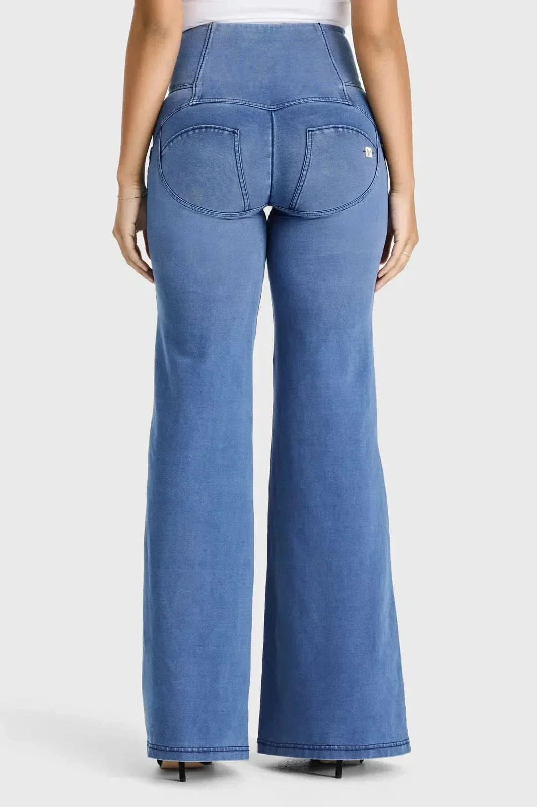 WRUP Denim - 3 Button High Waisted - Palazzo Flare - Light Blue + Blue Stitching - Image 8