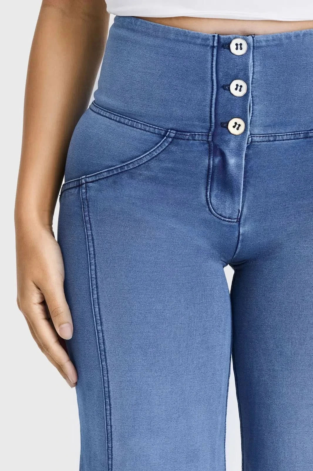 WRUP Denim - 3 Button High Waisted - Palazzo Flare - Light Blue + Blue Stitching - Image 9