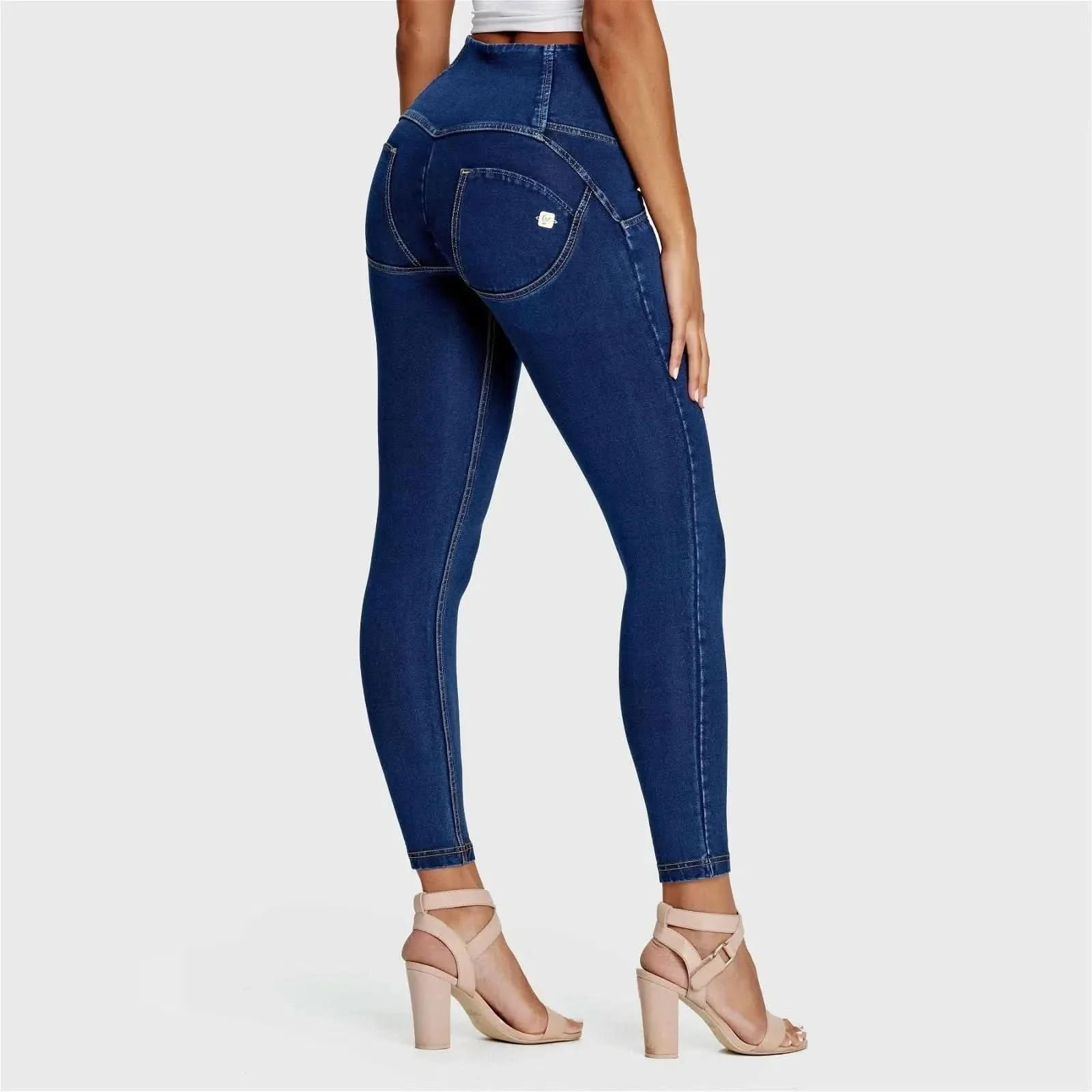 WRUP Denim - 3 Button High Waisted - Ankle Length - Dark Blue + Yellow Stitching - Image 3