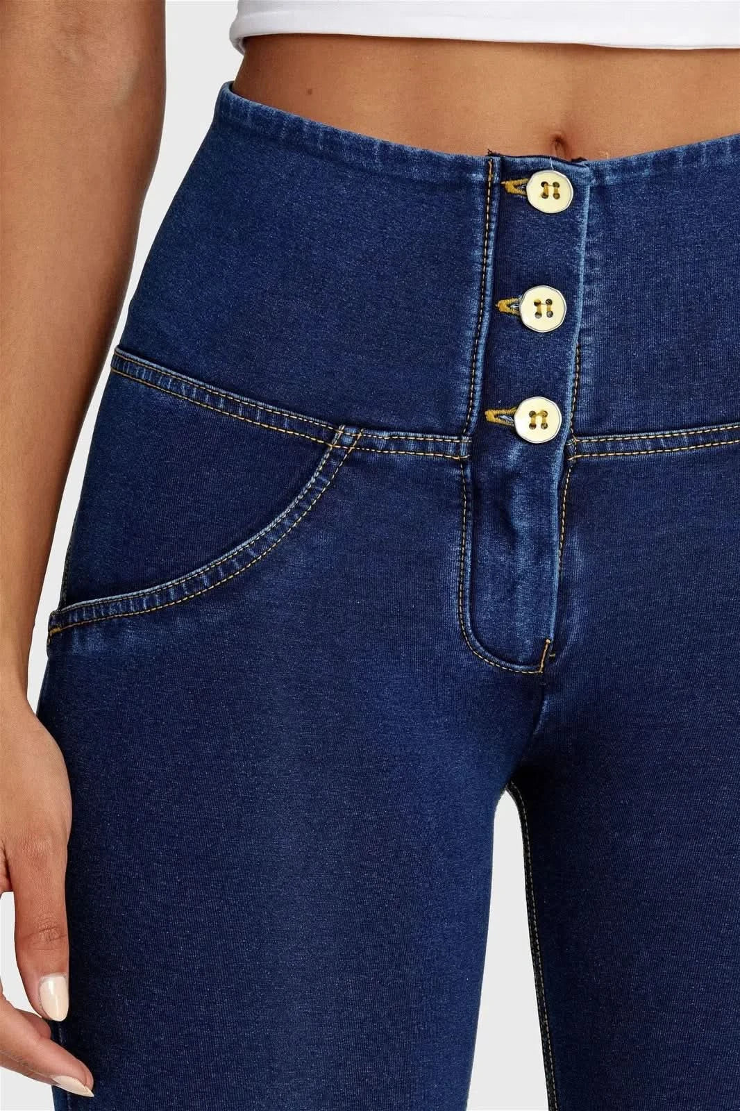 WRUP Denim - 3 Button High Waisted - Ankle Length - Dark Blue + Yellow Stitching - Image 7