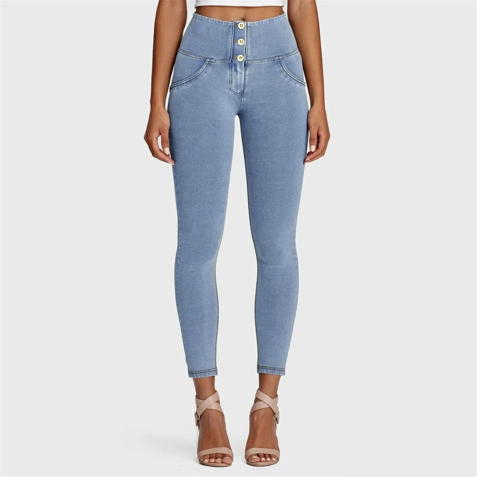 WRUP Denim - 3 Button High Waisted - Ankle Length - Light Blue + Yellow Stitching - Image 3