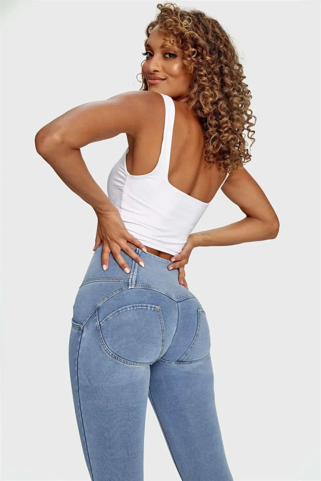 WRUP Denim - 3 Button High Waisted - Ankle Length - Light Blue + Yellow Stitching - Image 5