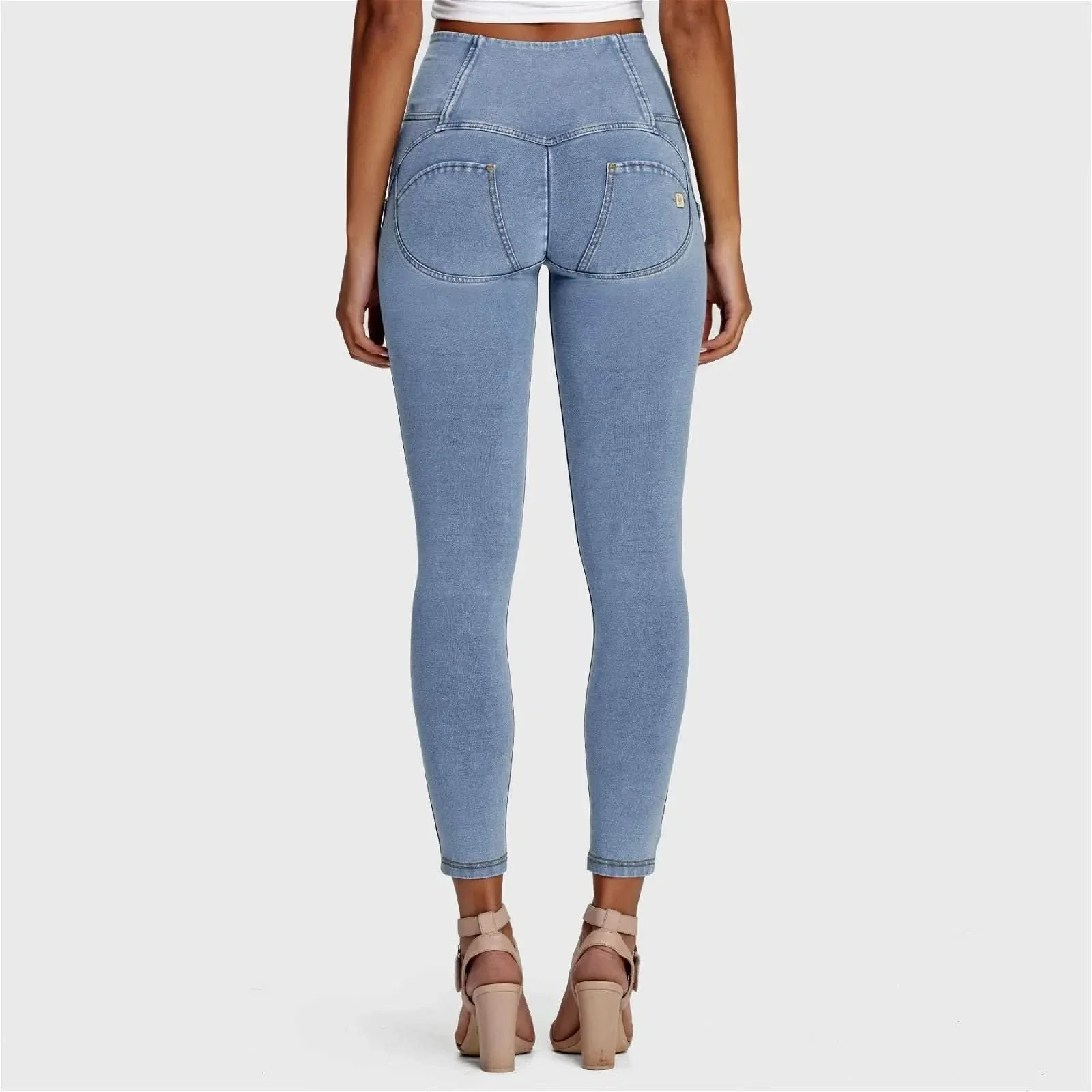 WRUP Denim - 3 Button High Waisted - Ankle Length - Light Blue + Yellow Stitching - Image 6