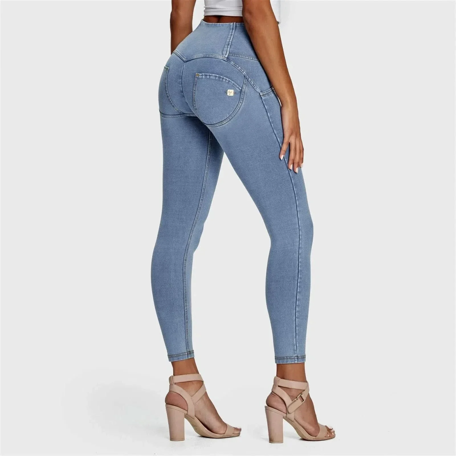 WRUP Denim - 3 Button High Waisted - Ankle Length - Light Blue + Yellow Stitching - Image 7