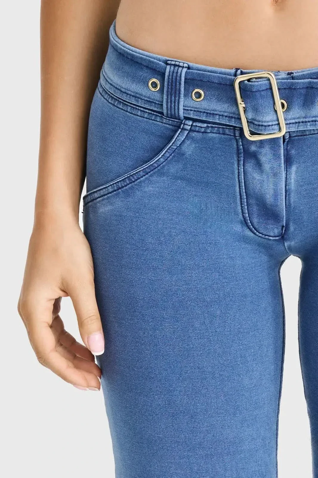 WRUP Denim - Belted Low Rise - Flare - Light Blue + Blue Stitching - Image 10