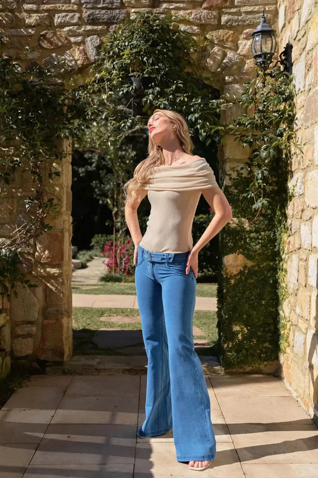 WRUP Denim - Belted Low Rise - Flare - Light Blue + Blue Stitching - Image 2