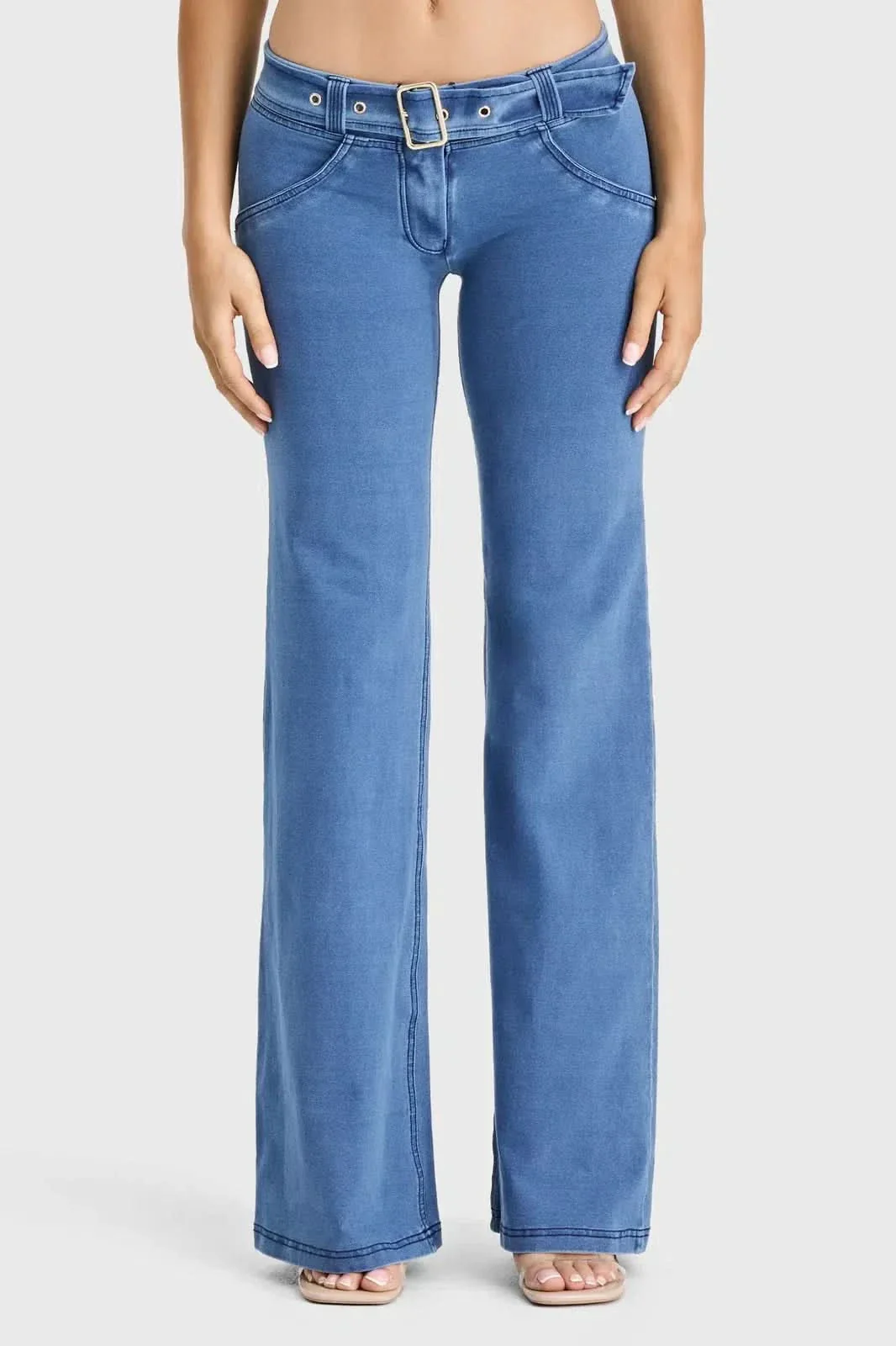 WRUP Denim - Belted Low Rise - Flare - Light Blue + Blue Stitching - Image 6
