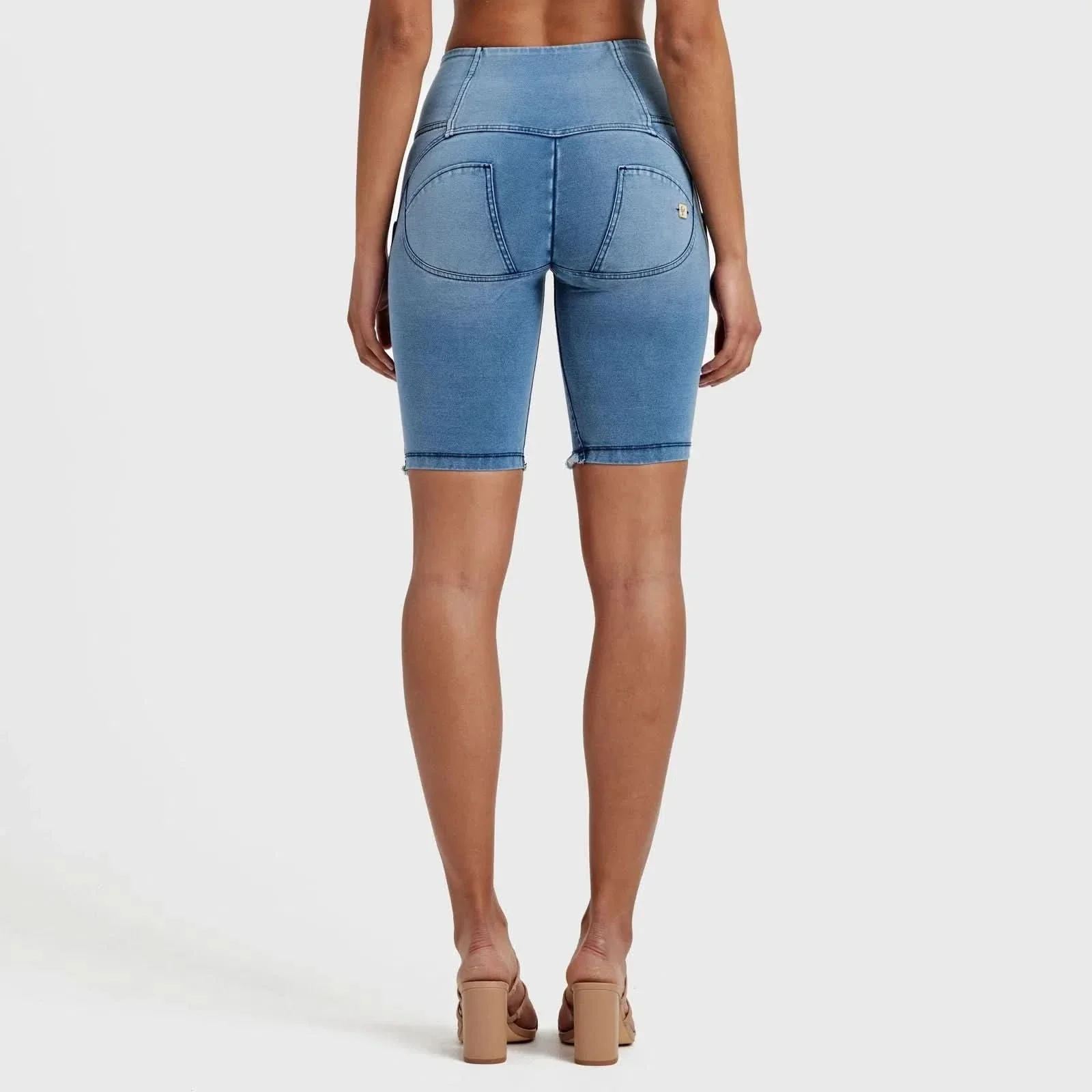 WRUP Denim - High Waisted - 3 Button Biker Shorts - Light Blue + Blue Stitching - Image 6