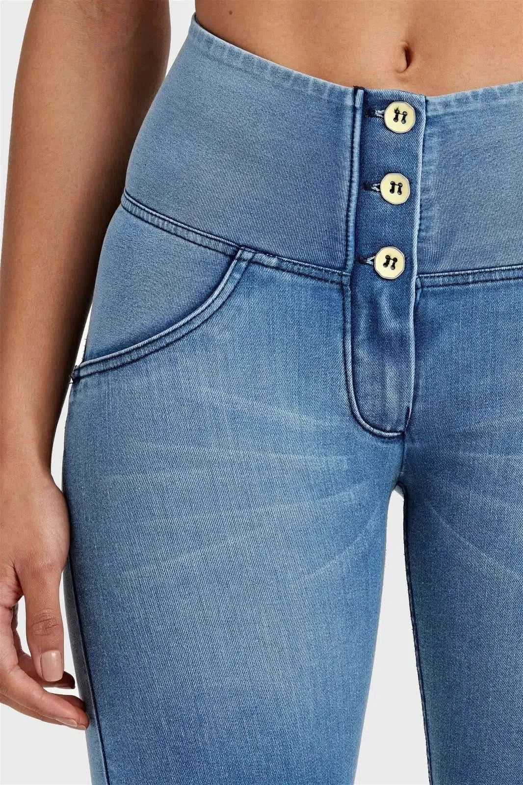 WRUP Denim - High Waisted - 3 Button Biker Shorts - Light Blue + Blue Stitching - Image 8