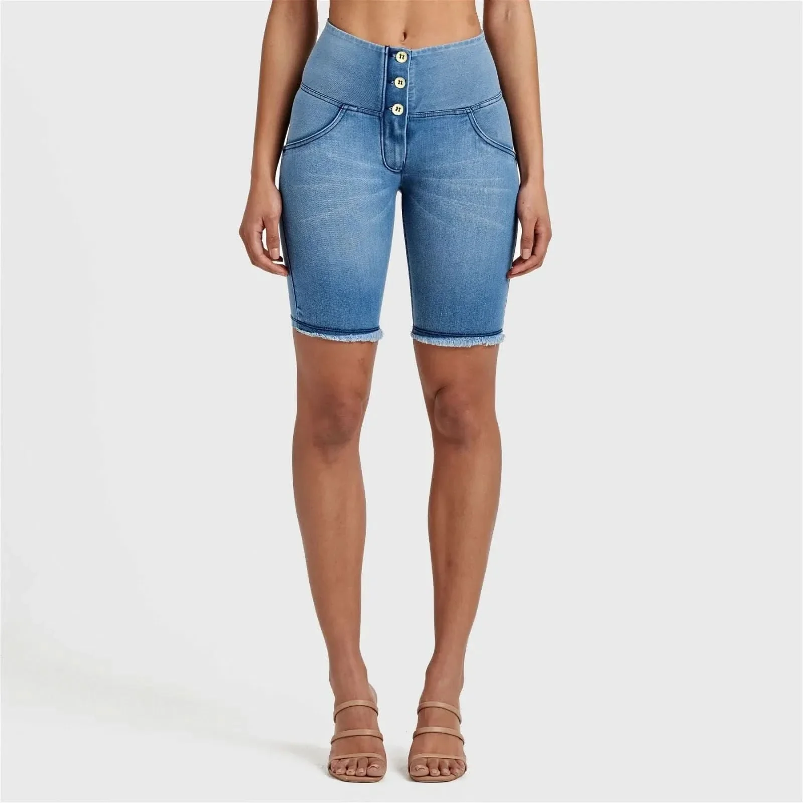 WRUP Denim - High Waisted - 3 Button Biker Shorts - Light Blue + Blue Stitching - Image 9