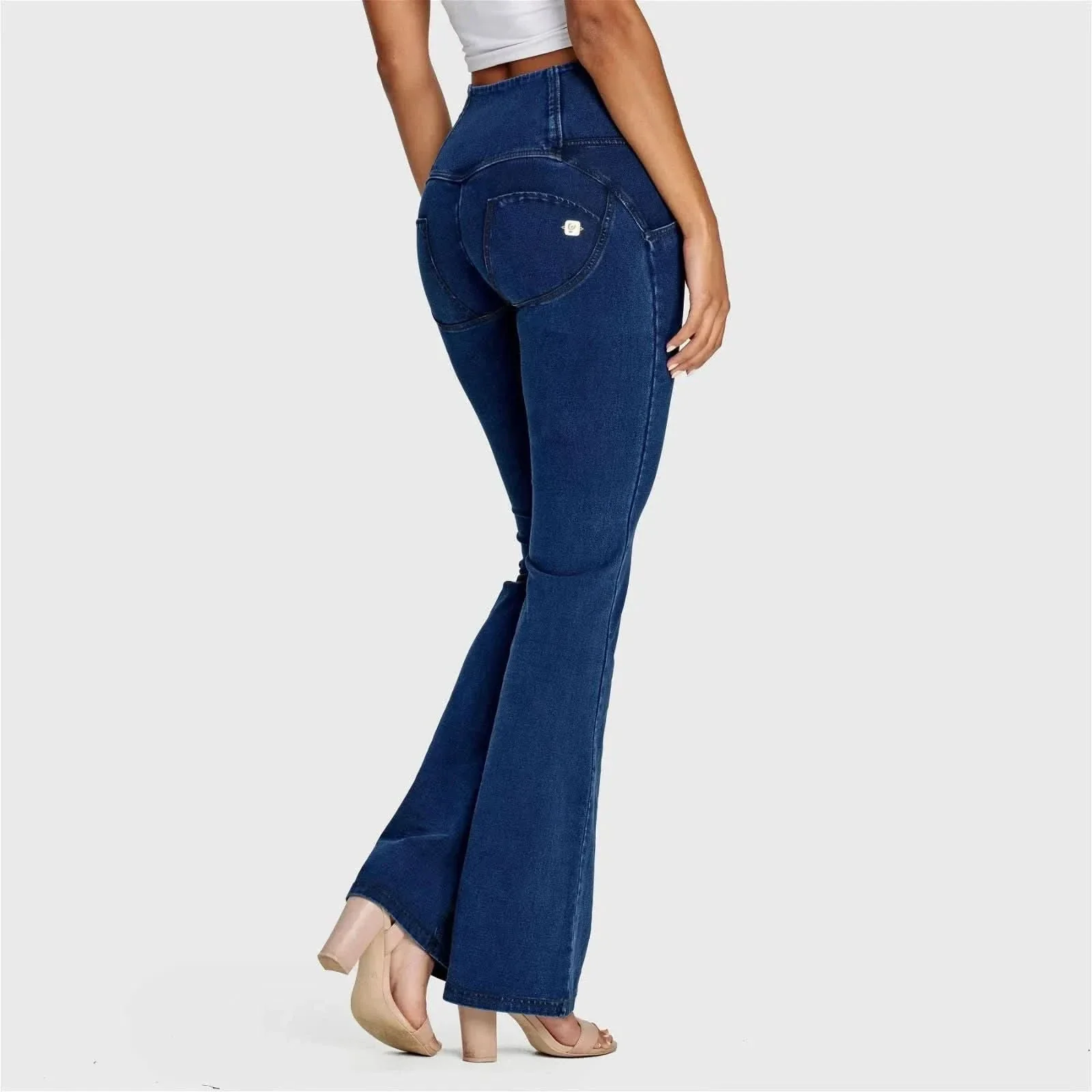 WRUP Denim - High Waisted - Bell Bottom Flare - Dark Blue + Blue Stitching - Image 5