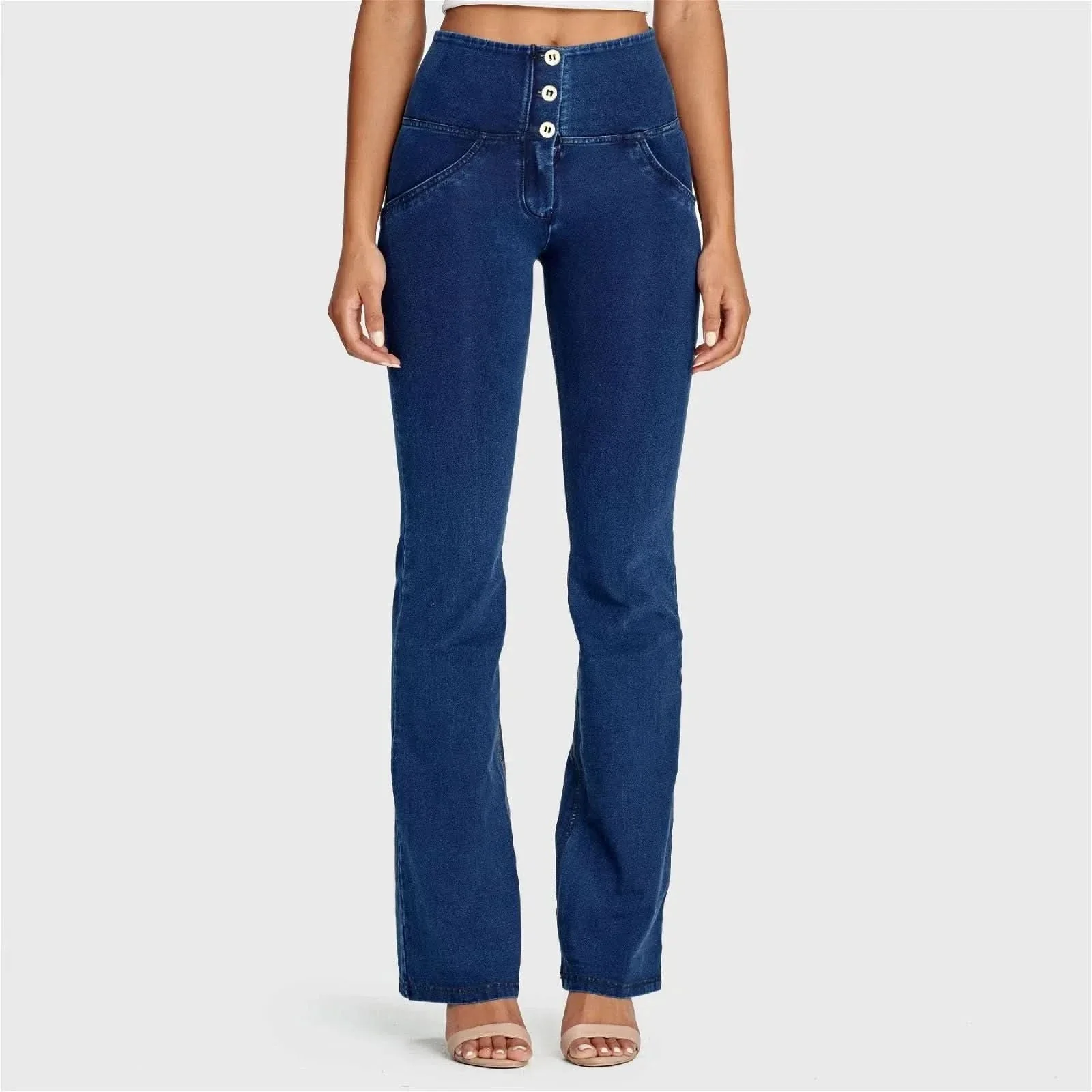 WRUP Denim - High Waisted - Bell Bottom Flare - Dark Blue + Blue Stitching - Image 6