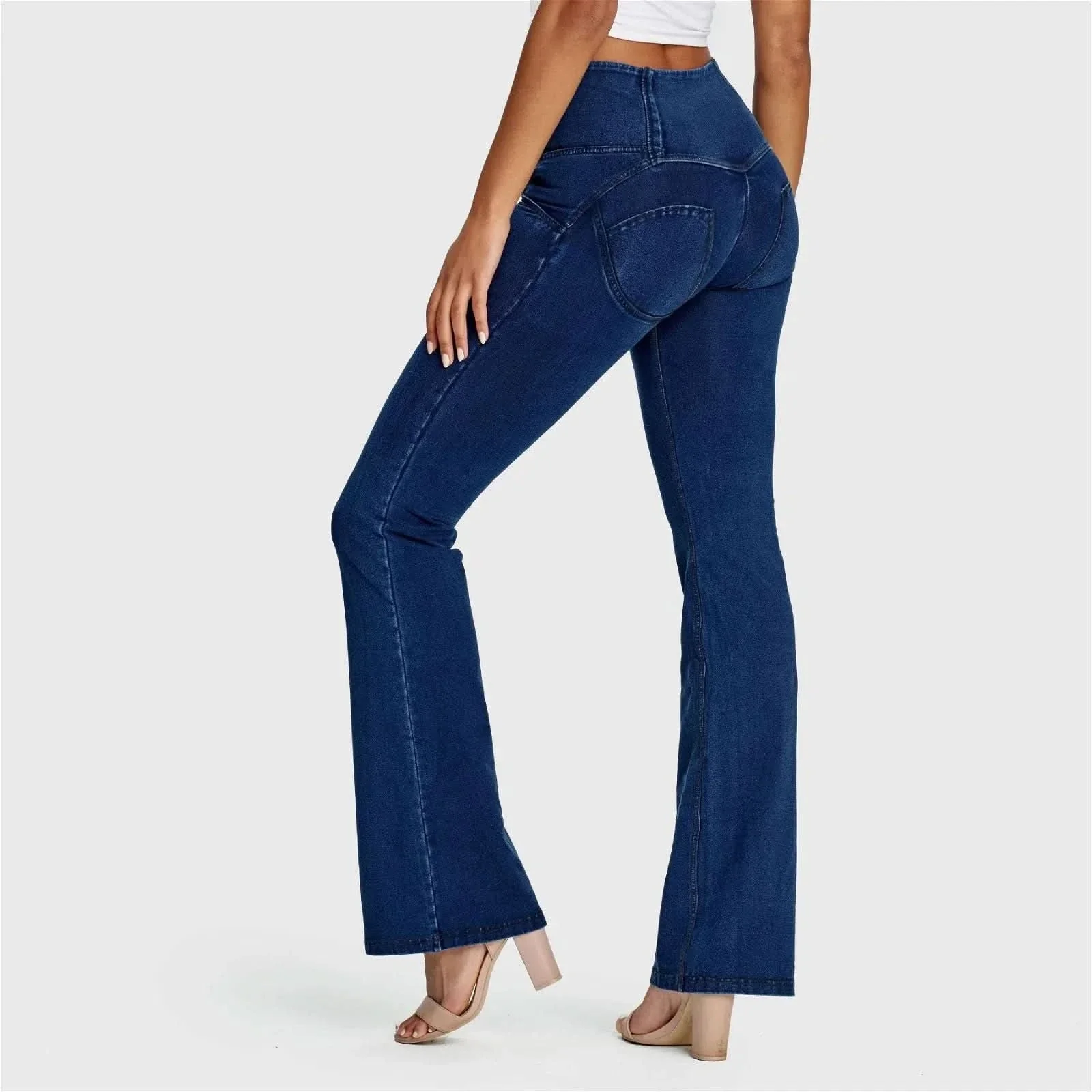 WRUP Denim - High Waisted - Bell Bottom Flare - Dark Blue + Blue Stitching - Image 8