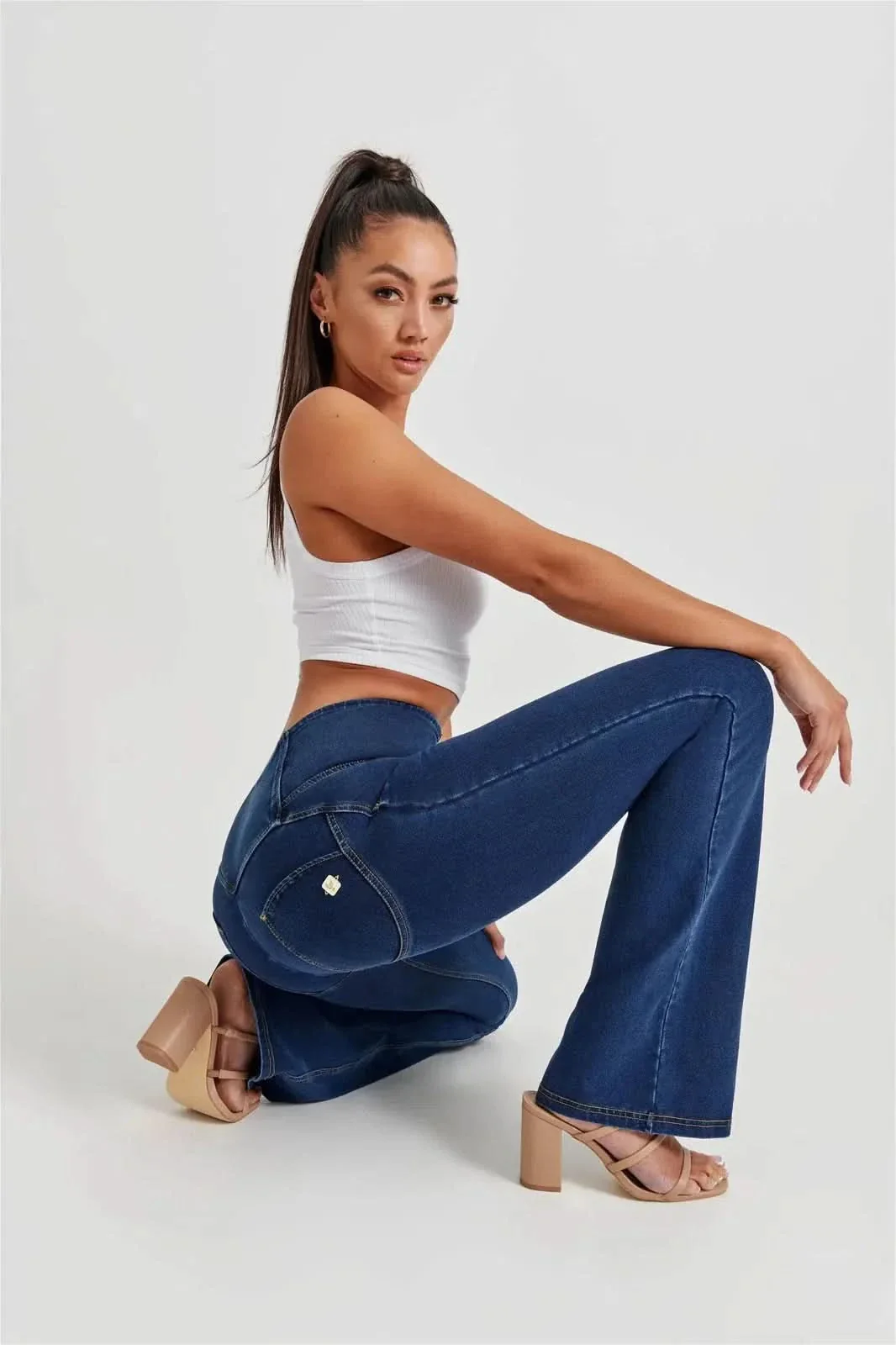 WRUP Denim - High Waisted - Bell Bottom Flare - Dark Blue + Yellow Stitching - Image 4