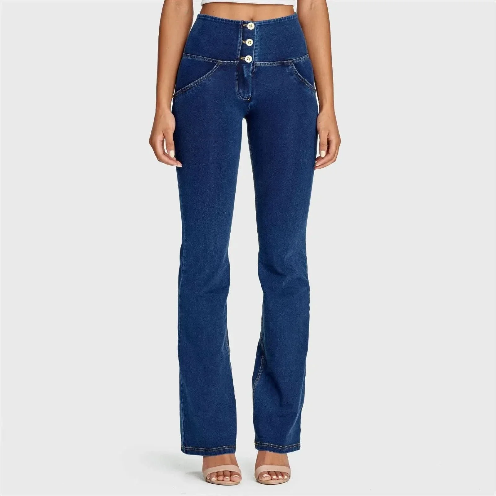 WRUP Denim - High Waisted - Bell Bottom Flare - Dark Blue + Yellow Stitching - Image 5