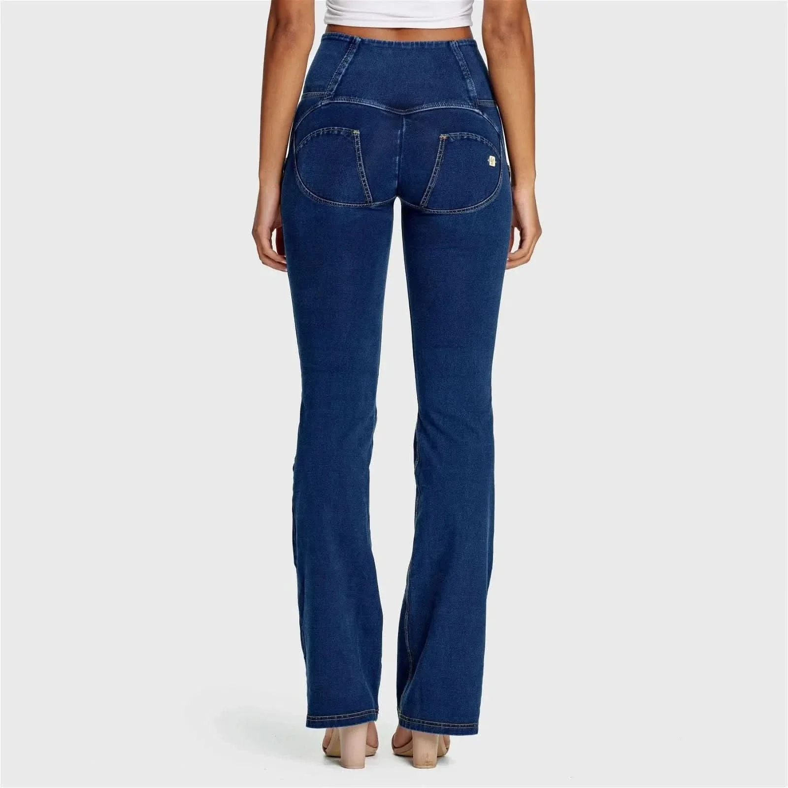 WRUP Denim - High Waisted - Bell Bottom Flare - Dark Blue + Yellow Stitching - Image 6