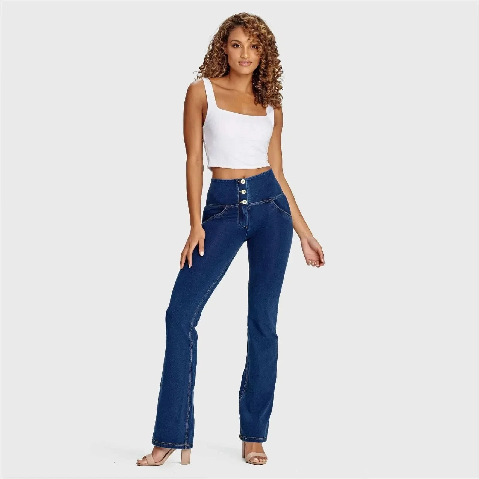 WRUP Denim - High Waisted - Bell Bottom Flare - Dark Blue + Yellow Stitching - Image 8