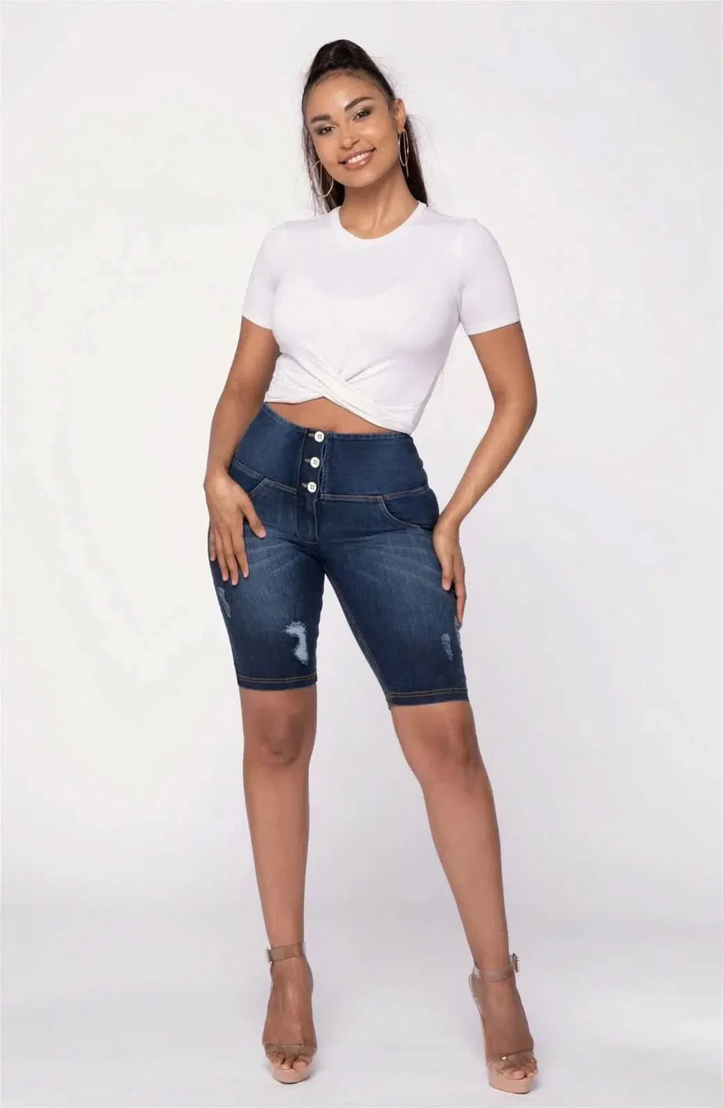 WRUP Distressed Denim - High Waisted - Biker Shorts - Dark Blue + Yellow Stitching - Image 3