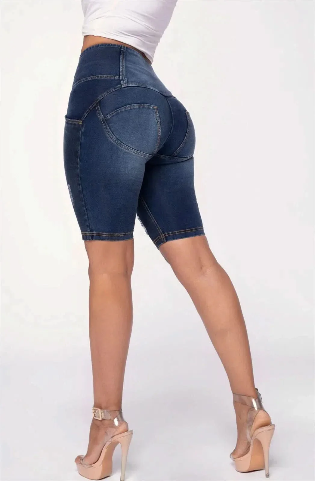 WRUP Distressed Denim - High Waisted - Biker Shorts - Dark Blue + Yellow Stitching - Image 7