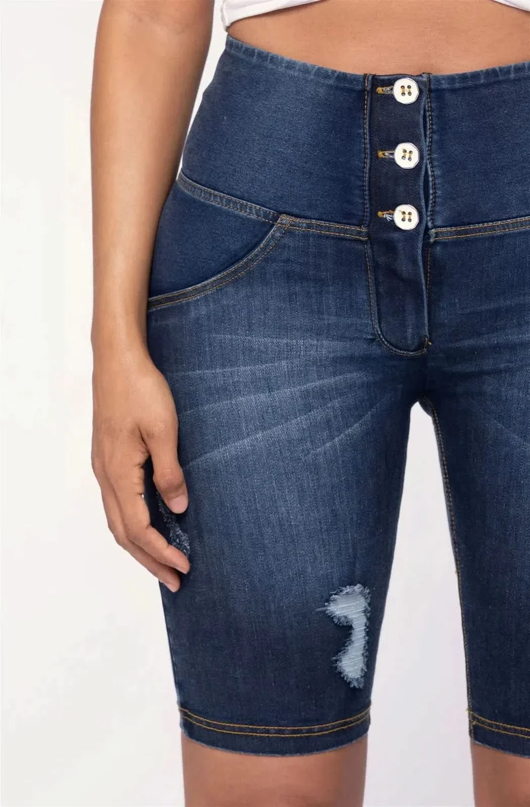 WRUP Distressed Denim - High Waisted - Biker Shorts - Dark Blue + Yellow Stitching - Image 8