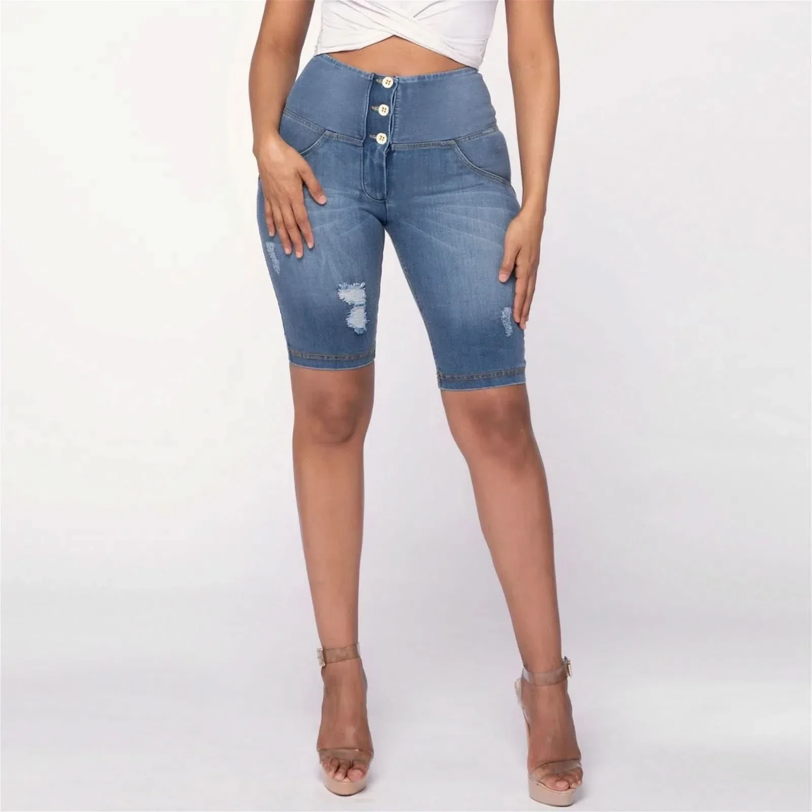WRUP Distressed Denim - High Waisted - Biker Shorts - Light Blue + Yellow Stitching - Image 3
