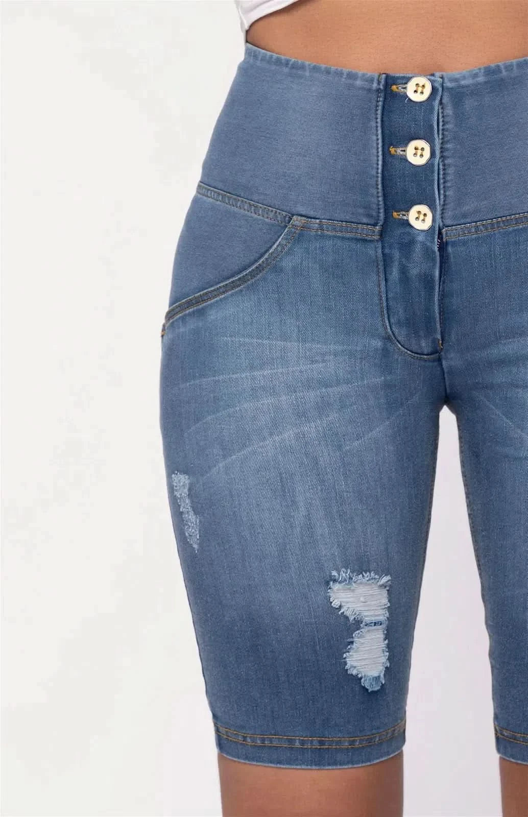 WRUP Distressed Denim - High Waisted - Biker Shorts - Light Blue + Yellow Stitching - Image 7