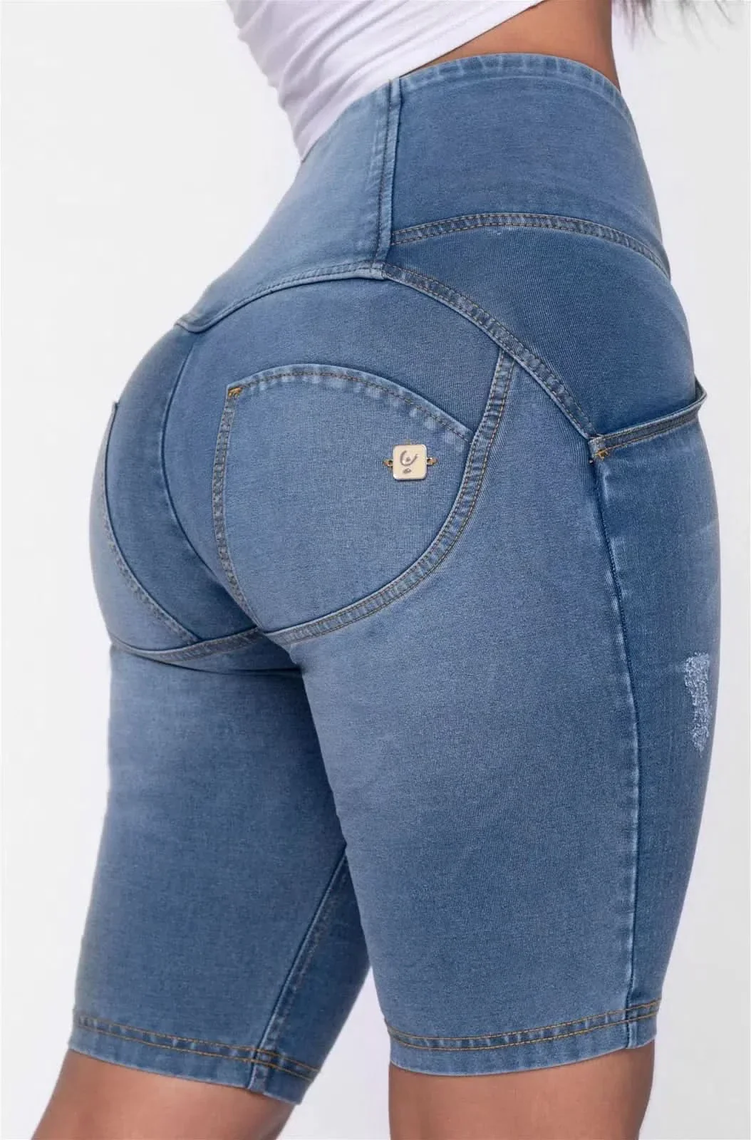 WRUP Distressed Denim - High Waisted - Biker Shorts - Light Blue + Yellow Stitching - Image 9