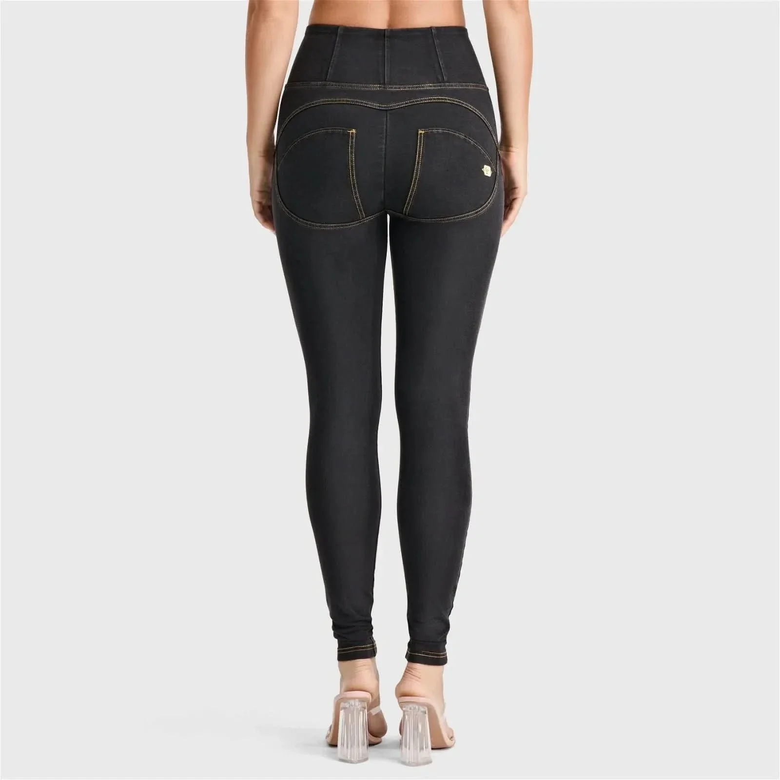 WRUP Denim - High Waisted - Full Length - Black + Yellow Stitching - Image 2