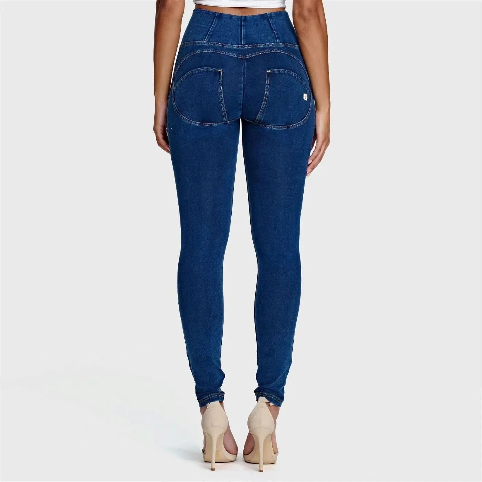 WRUP Denim - High Waisted - Full Length - Dark Blue + Yellow Stitching - Image 5