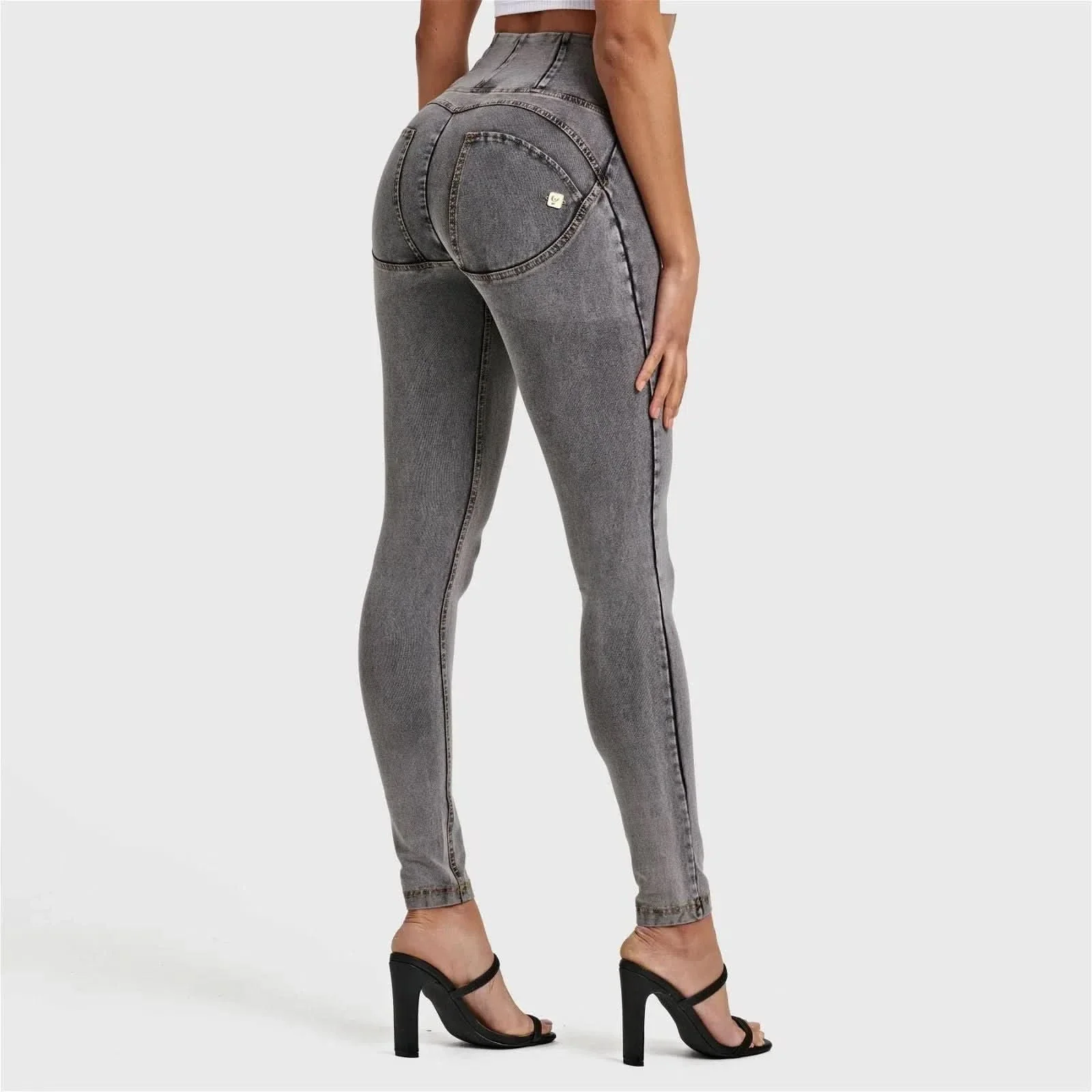 WRUP Denim - High Waisted - Full Length - Grey + Yellow Stitching - Image 2