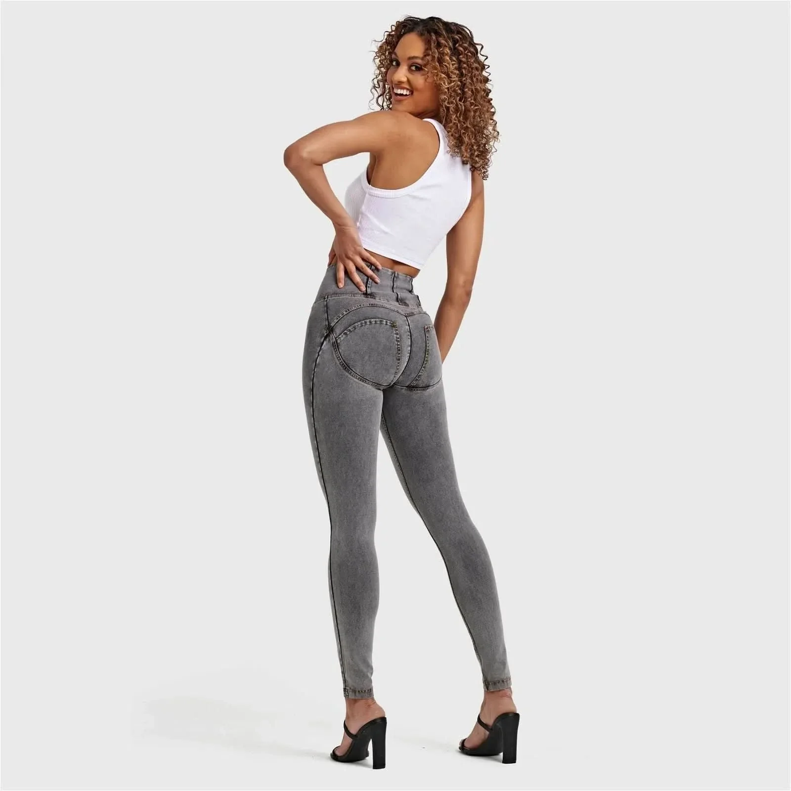 WRUP Denim - High Waisted - Full Length - Grey + Yellow Stitching - Image 3