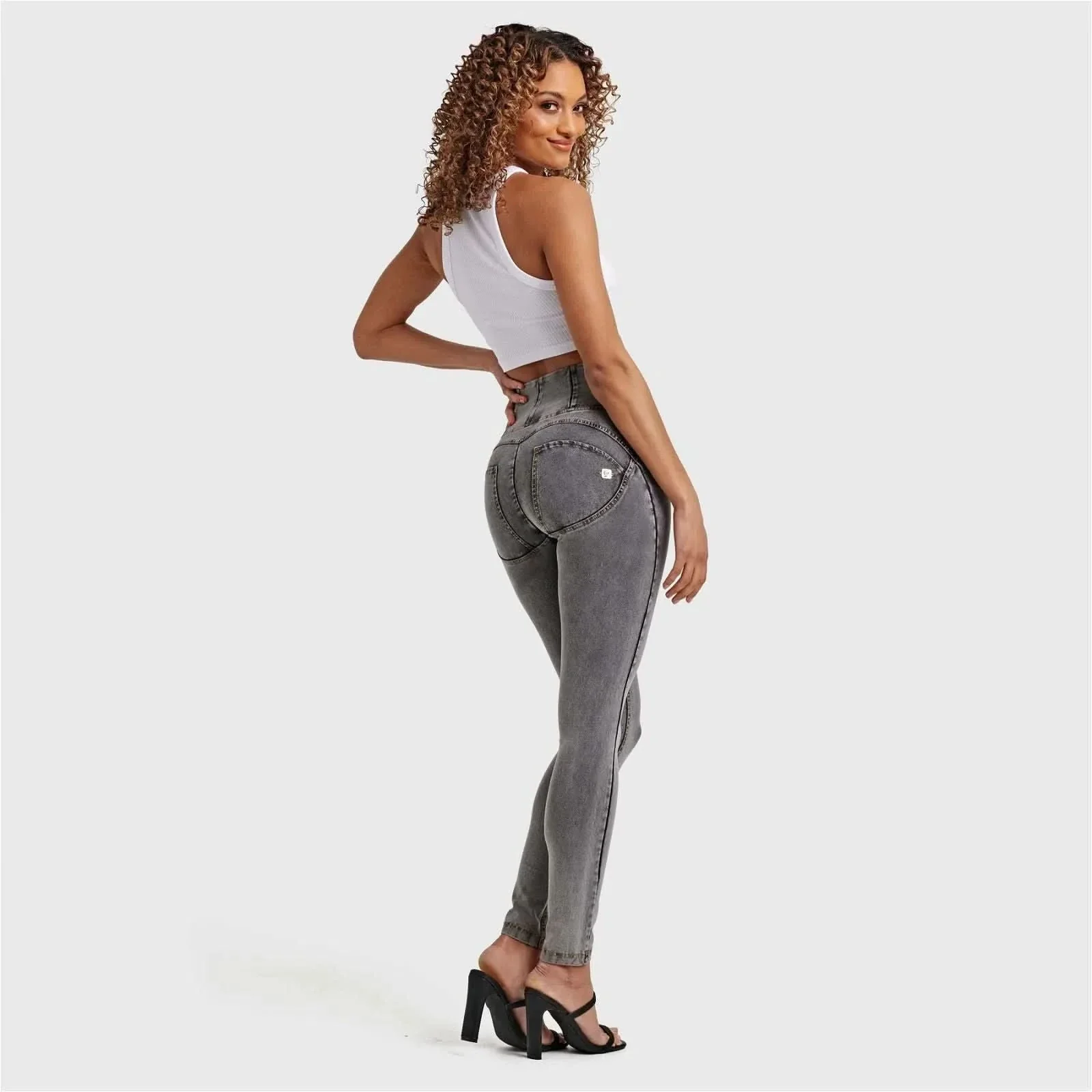 WRUP Denim - High Waisted - Full Length - Grey + Yellow Stitching - Image 5