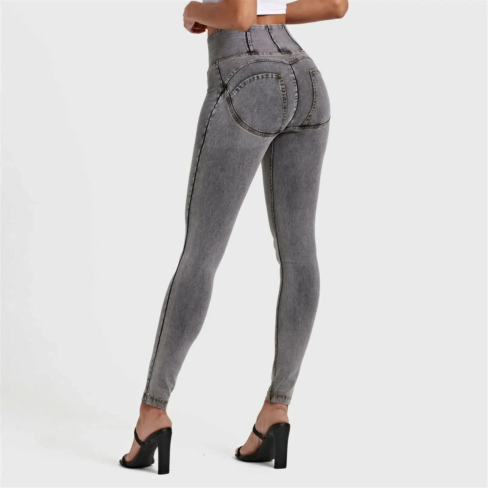 WRUP Denim - High Waisted - Full Length - Grey + Yellow Stitching - Image 6