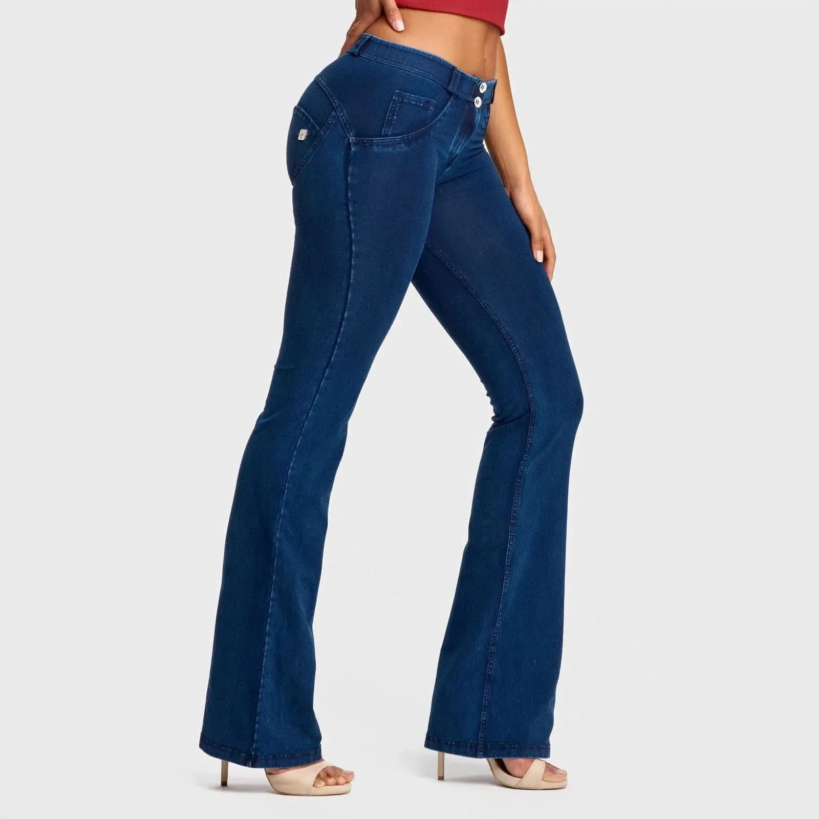 WRUP Denim - Mid Rise - Bell Bottom Flare - Dark Blue + Blue Stitching - Image 5