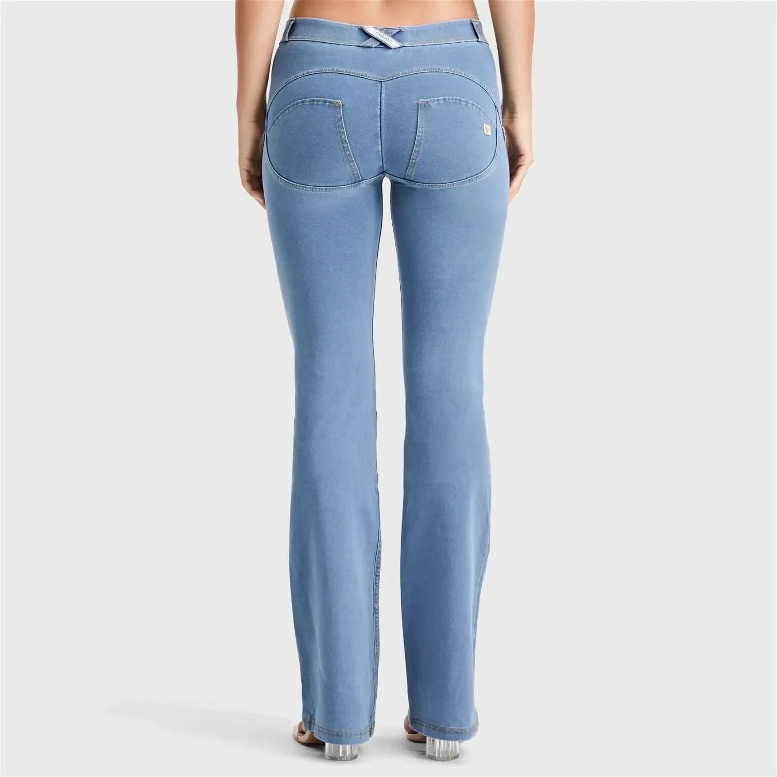 WRUP Denim - Mid Rise - Bell Bottom Flare - Light Blue + Yellow Stitching - Image 3