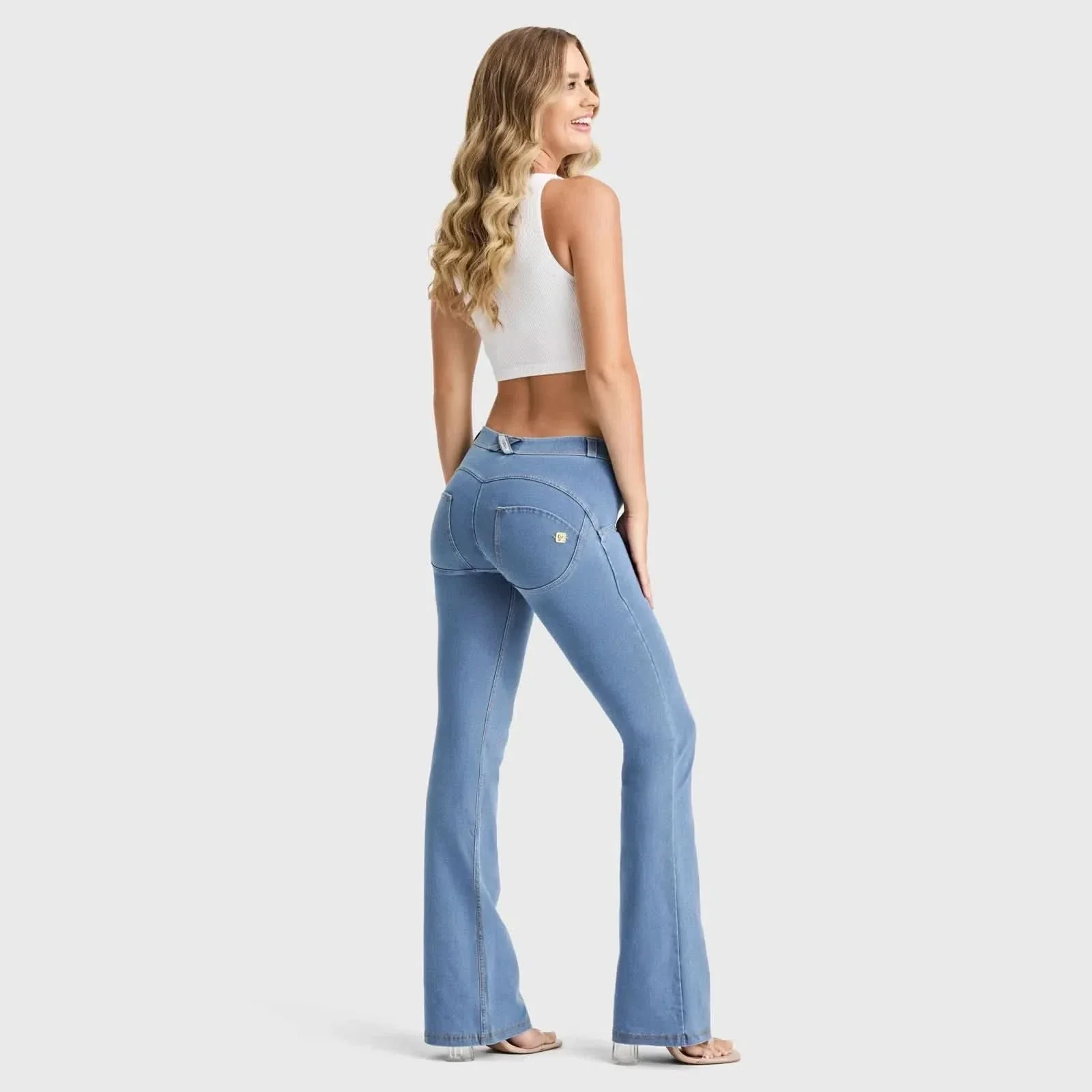 WRUP Denim - Mid Rise - Bell Bottom Flare - Light Blue + Yellow Stitching - Image 4