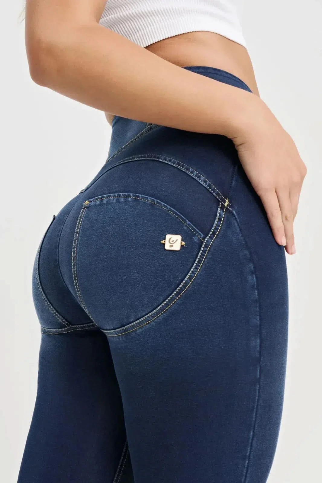 WRUP Denim with Feature Seam - High Waisted - Ankle Length - Dark Blue + Beige Stitching - Image 10