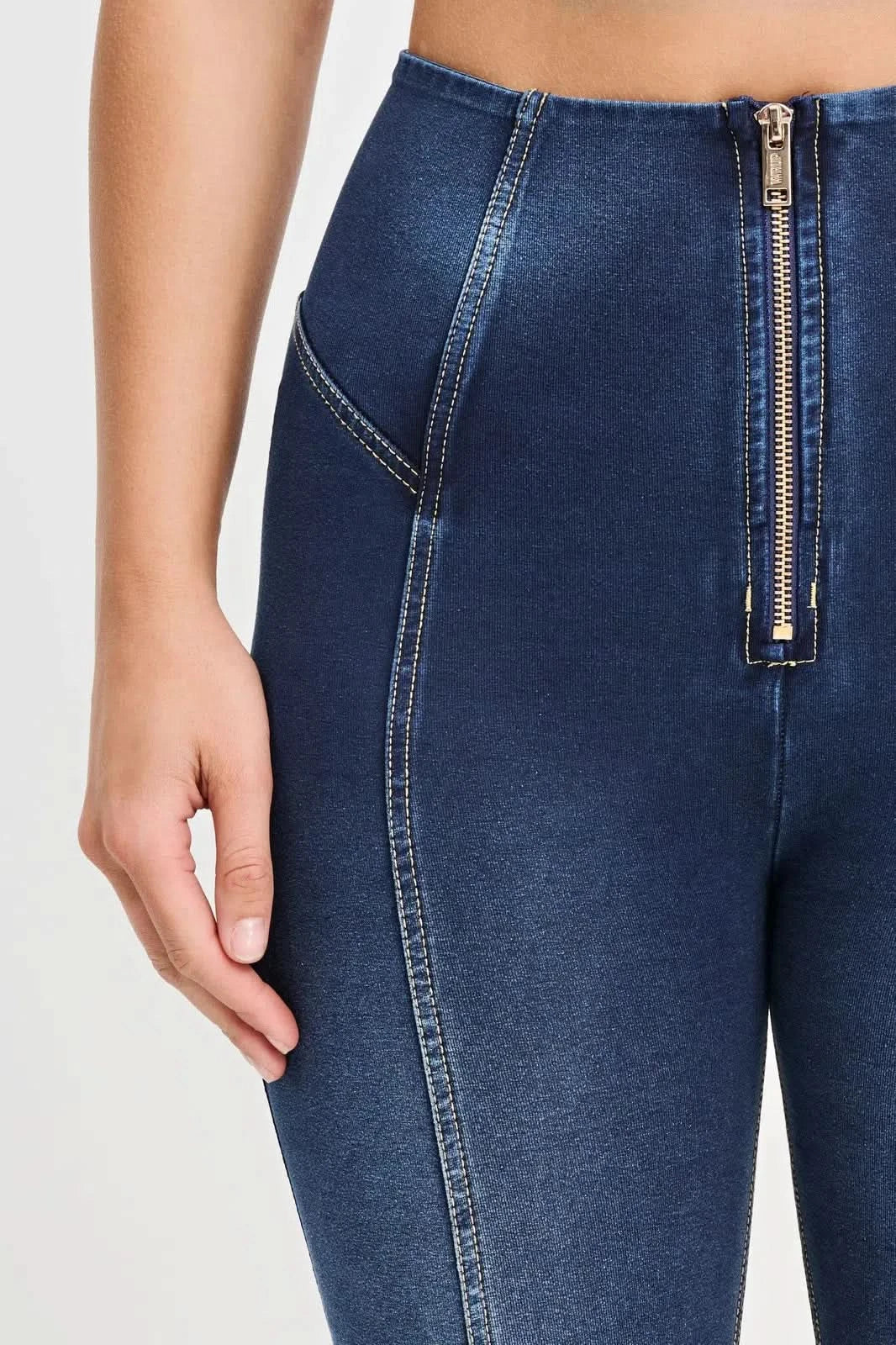 WRUP Denim with Feature Seam - High Waisted - Ankle Length - Dark Blue + Beige Stitching - Image 11