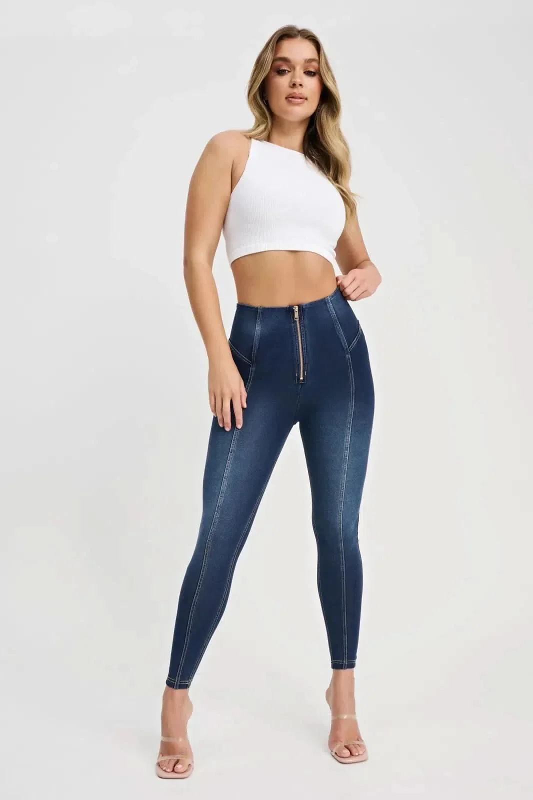 WRUP Denim with Feature Seam - High Waisted - Ankle Length - Dark Blue + Beige Stitching - Image 3